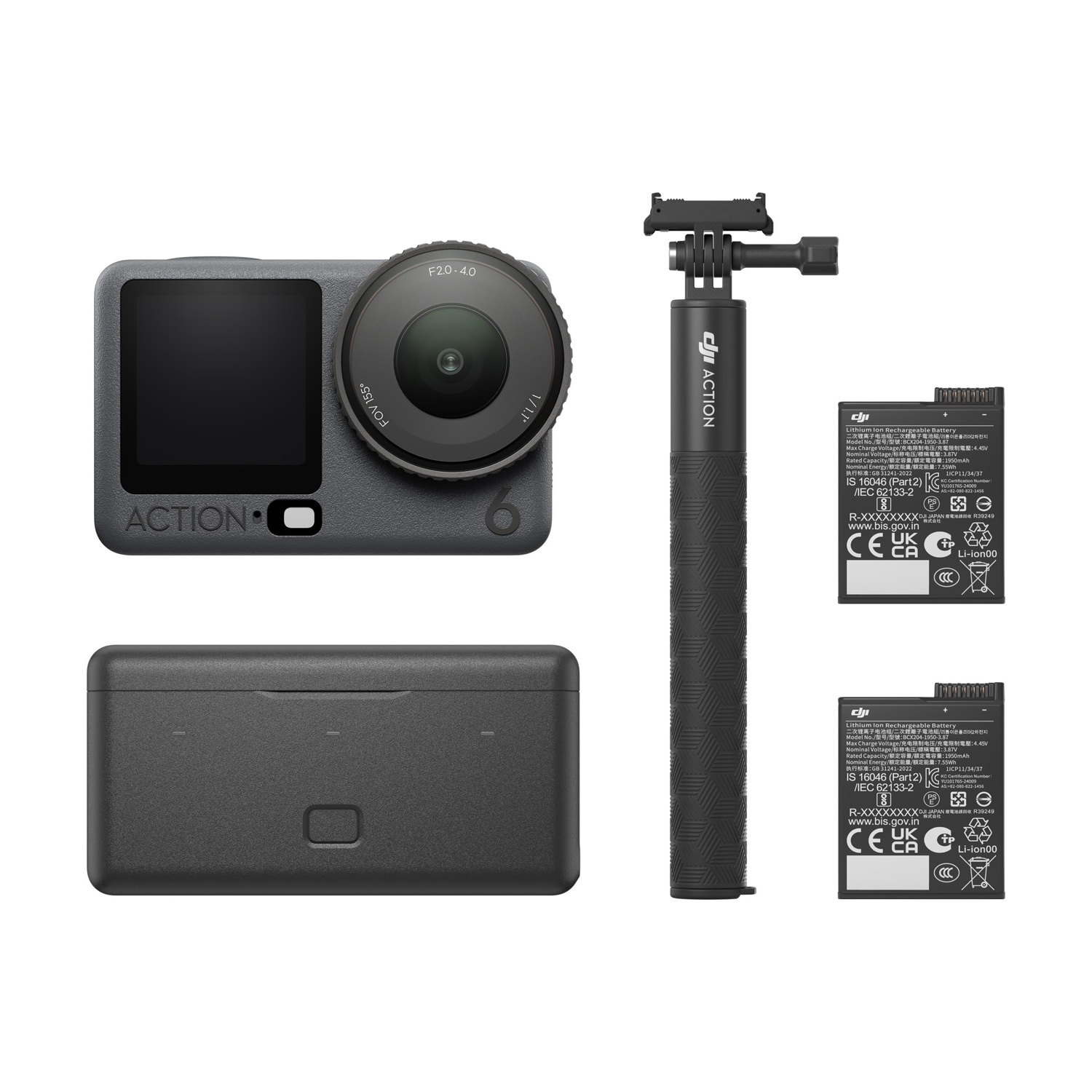 Fotocamera DJI Action con accessori. Include fotocamera, batterie, custodia di ricarica e selfie stick.