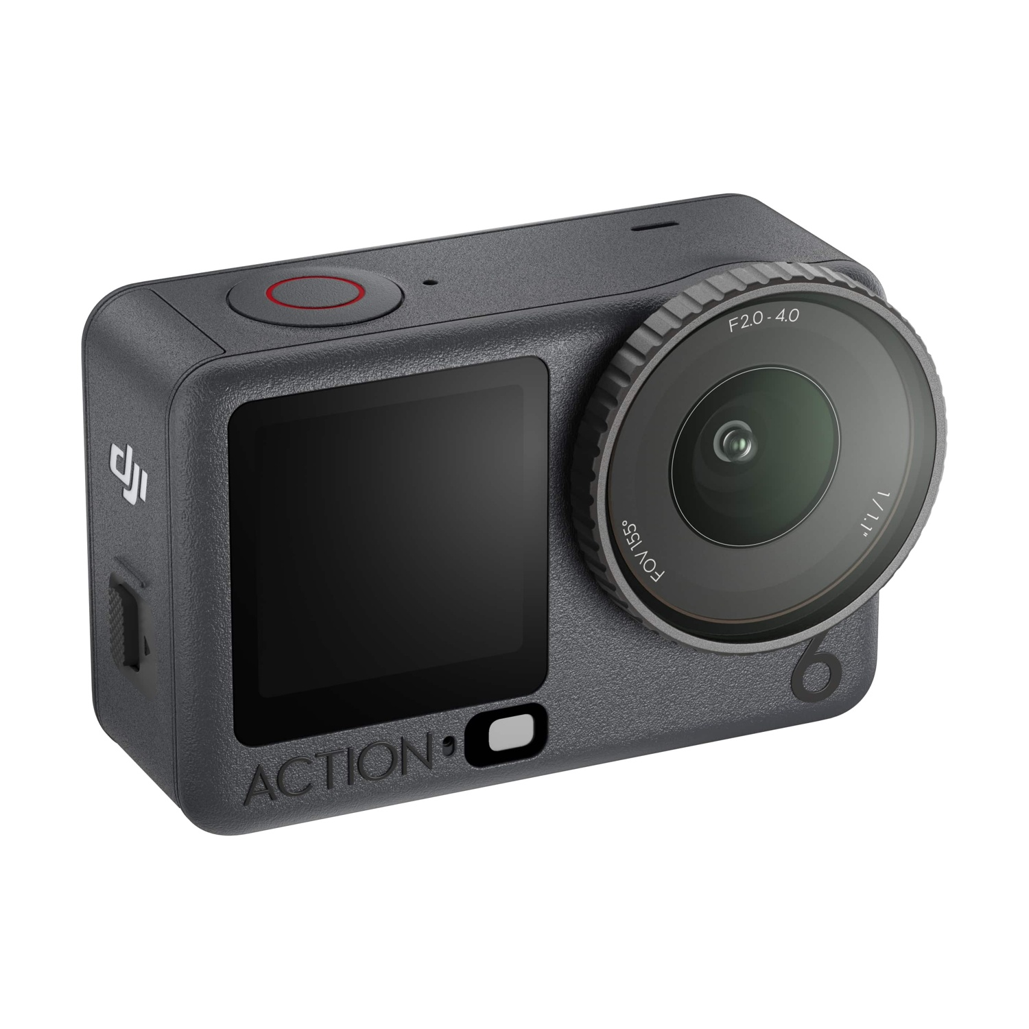 Una action cam grigia con obiettivo, schermo e pulsante di accensione rosso. La parola ACTION è visibile. Sull'obiettivo c'è scritto F2.0-4.0.