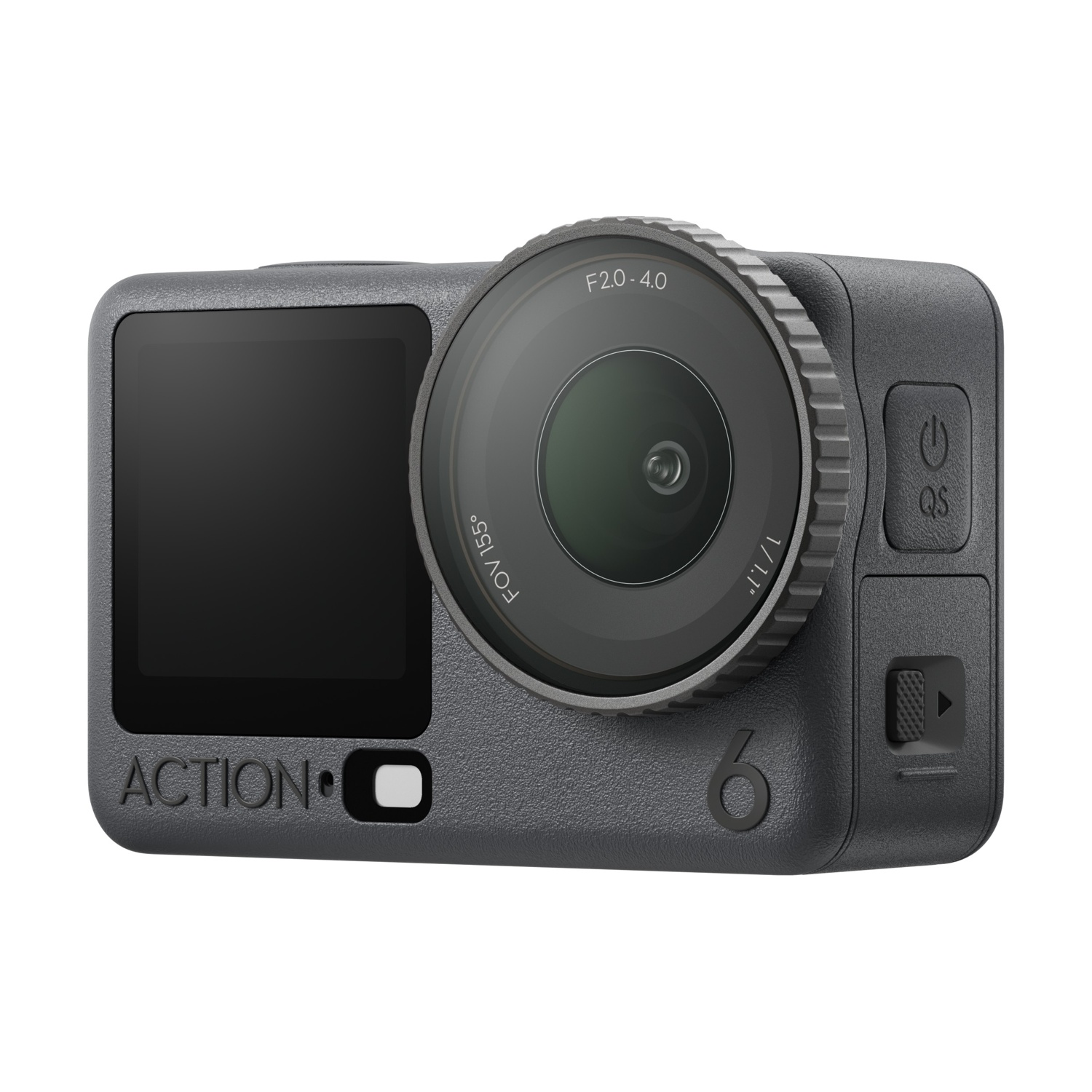 Una action cam grigia con obiettivo, schermo e pulsanti. L'obiettivo ha delle marcature. La parola 'ACTION' è visibile.