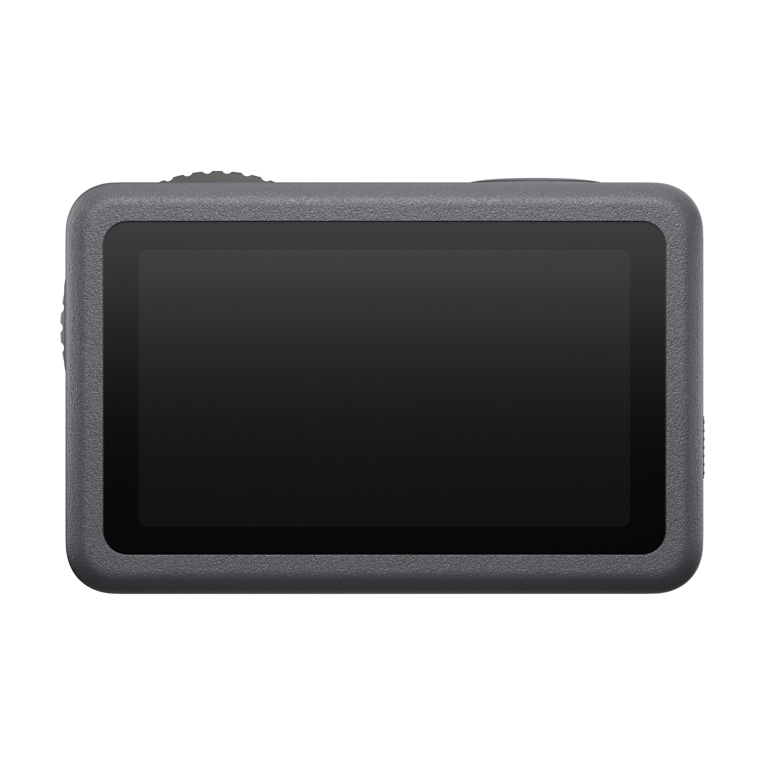 Una action cam rettangolare grigio scuro con schermo nero è centrata. La fotocamera ha una superficie strutturata e un pulsante in alto.