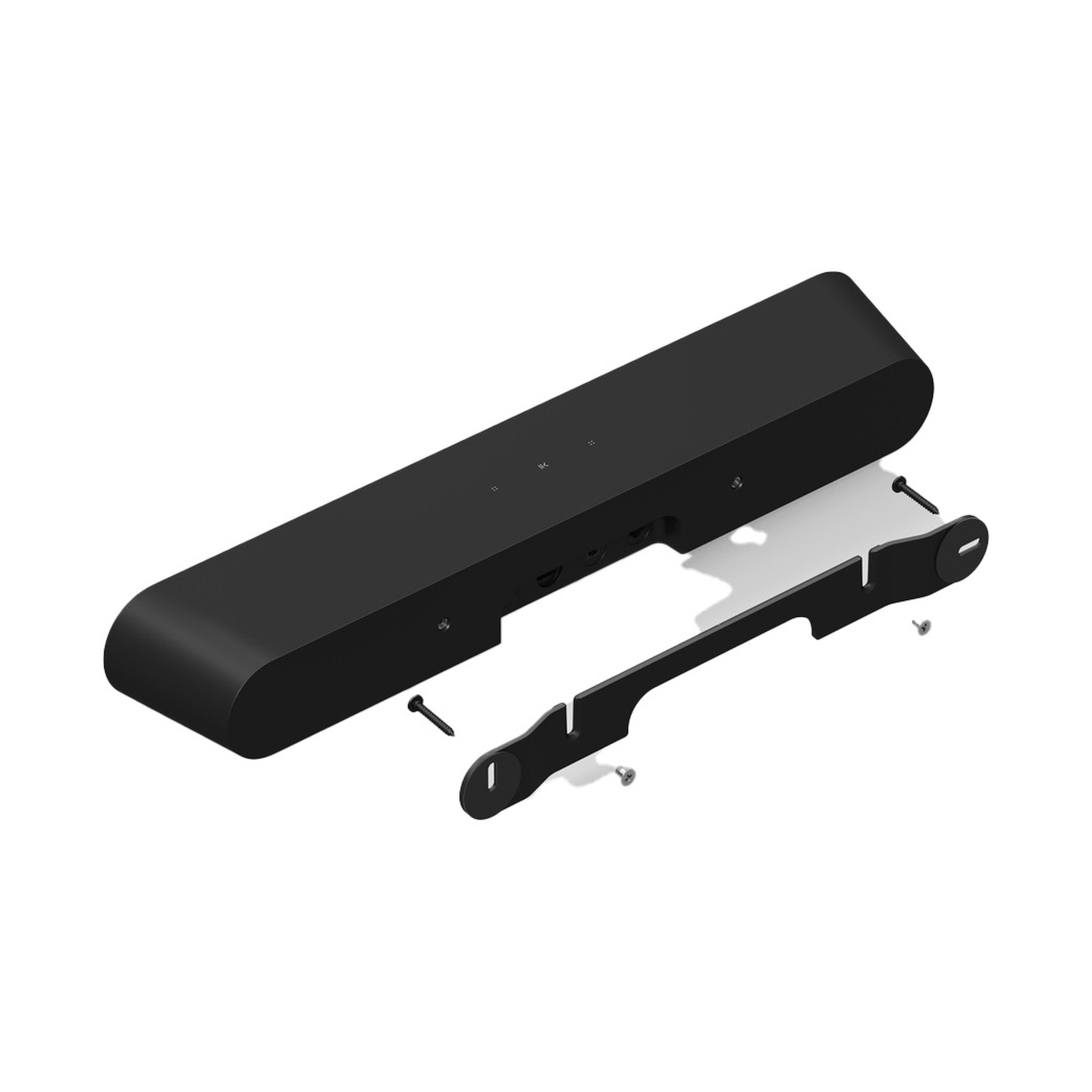 Una soundbar nera con staffa di montaggio e viti su una superficie bianca. La staffa è staccata. Viti sparse.