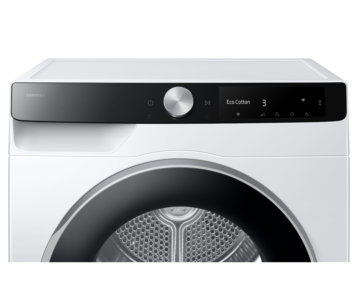Fehér Samsung szárító. Fekete vezérlőpultja van, tárcsával, 'Eco Cotton 3' kijelzővel és különféle ikonokkal.