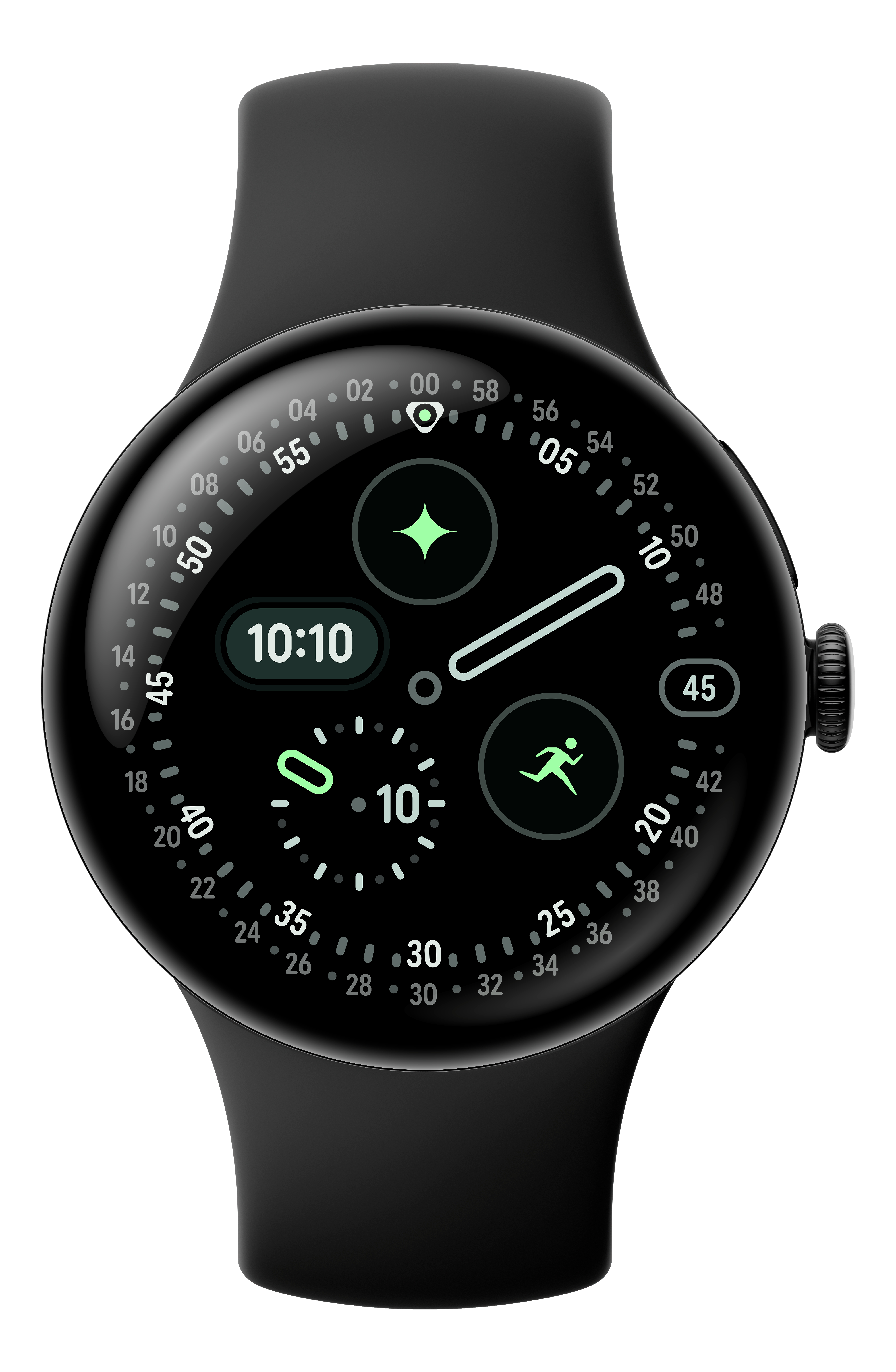 Montre intelligente noire avec affichage numérique indiquant l'heure, des icônes et des chiffres sur un bracelet noir. L'heure est 10h10.