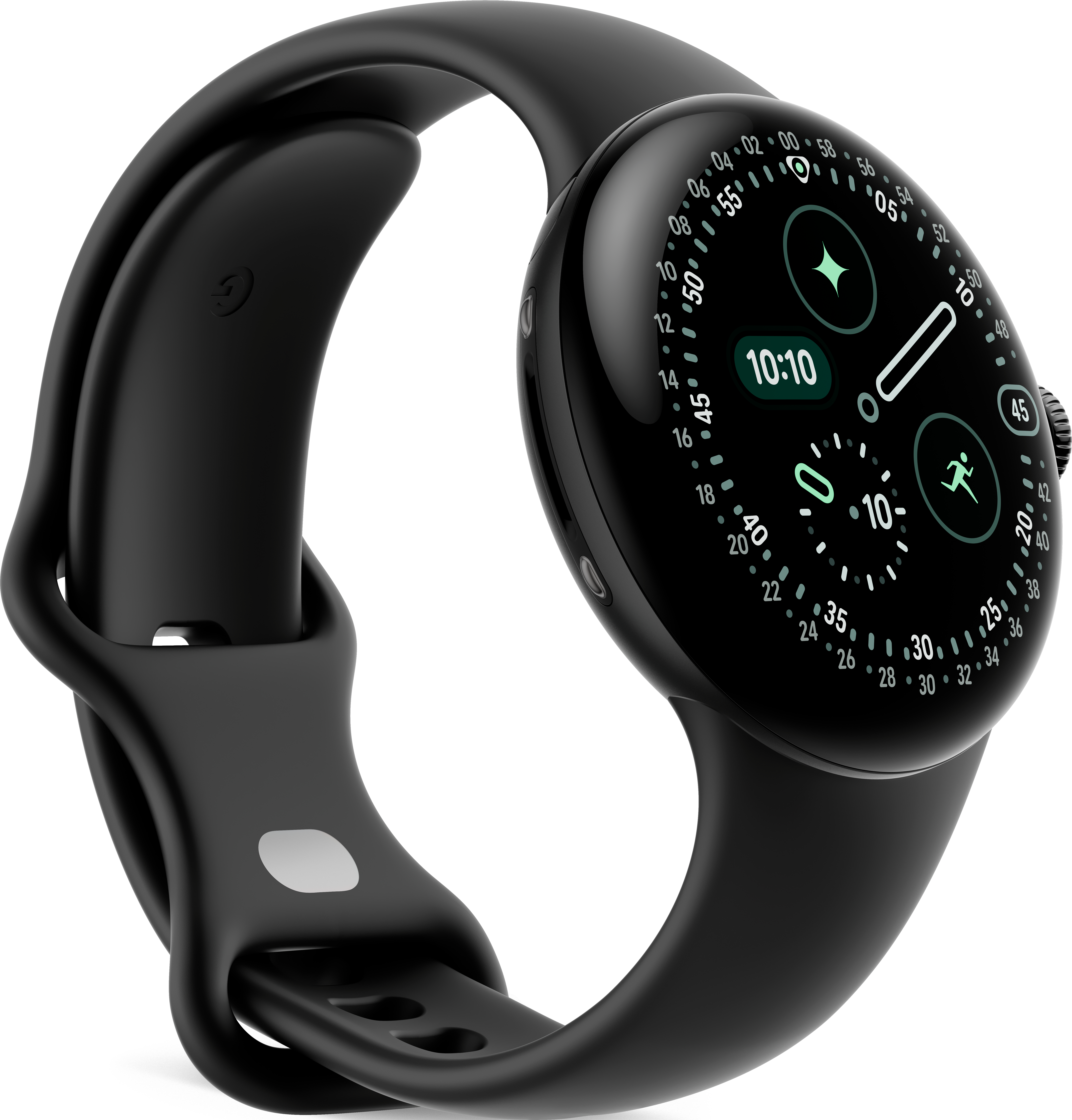 Une montre connectée noire avec un cadran rond. La montre affiche l'heure et possède un bracelet noir.
