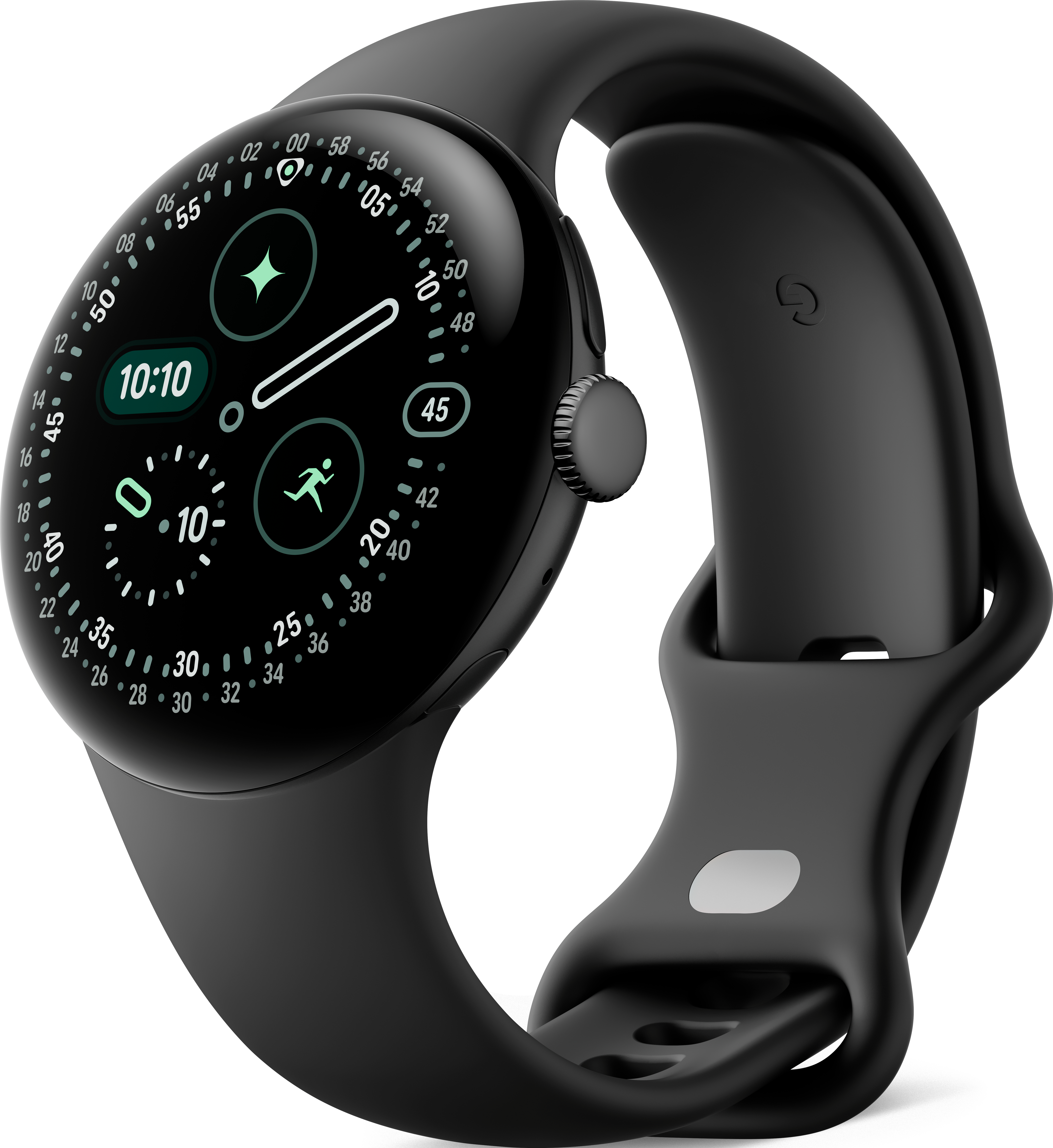 Une montre connectée noire avec un cadran rond affiche l'heure et les mesures d'activité. Le bracelet est également noir. La montre est sur fond blanc.