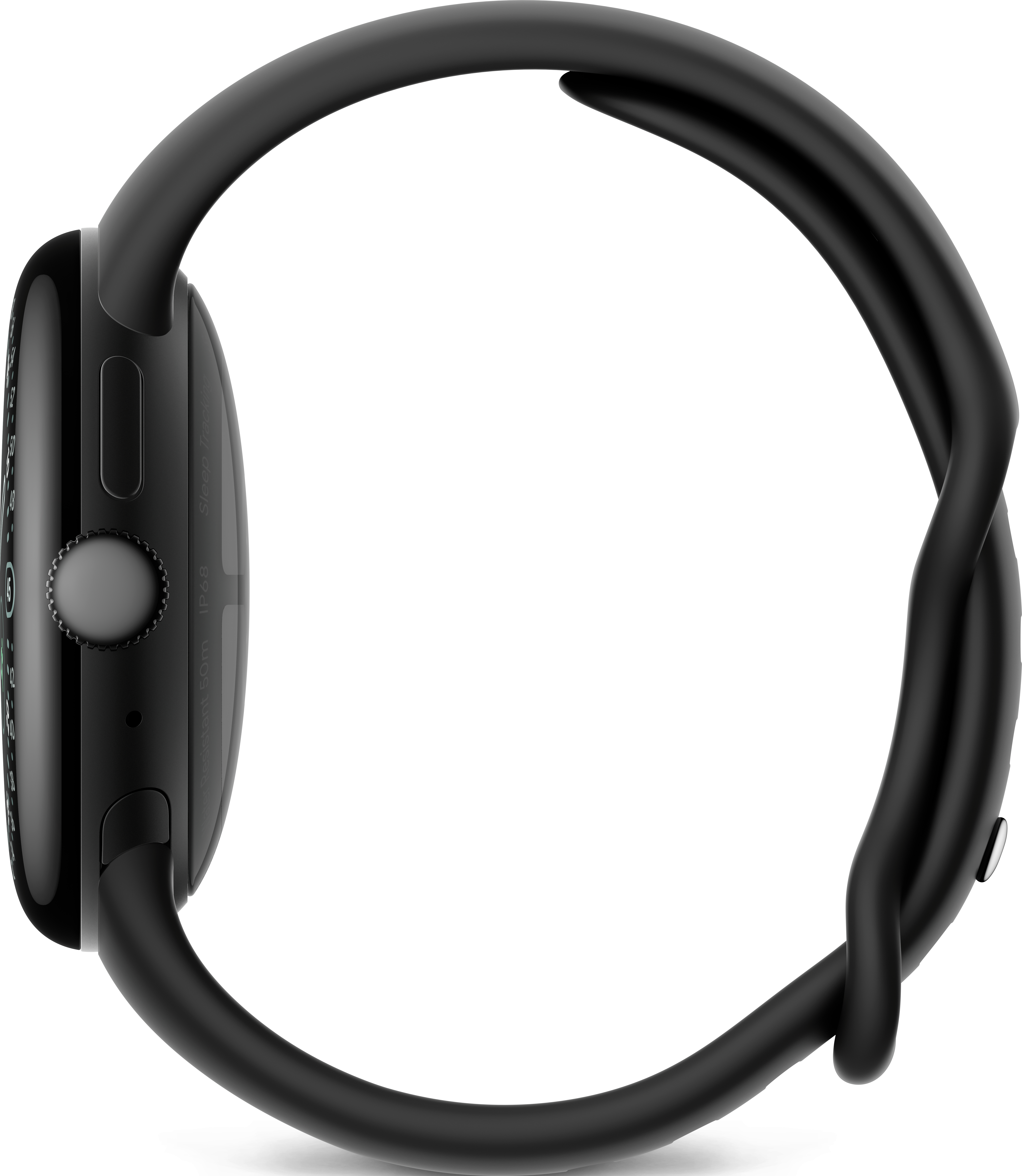 Une montre connectée noire est affichée. Le cadran est à gauche, avec un bracelet noir en boucle. Fond blanc.