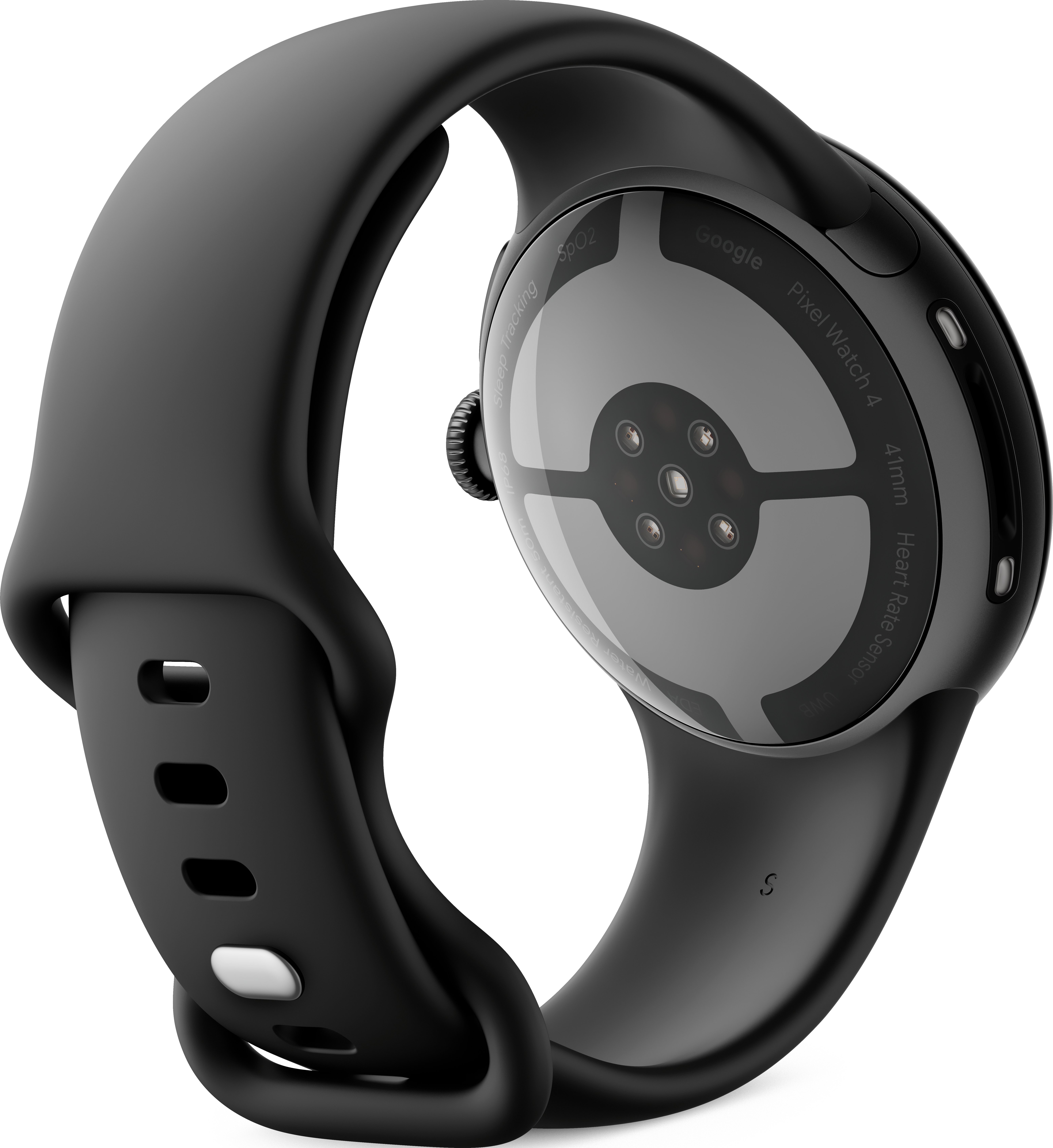 Google Pixel Watch 4 noir, montrant le bracelet et le cadran. L'arrière a des capteurs et le logo Google.