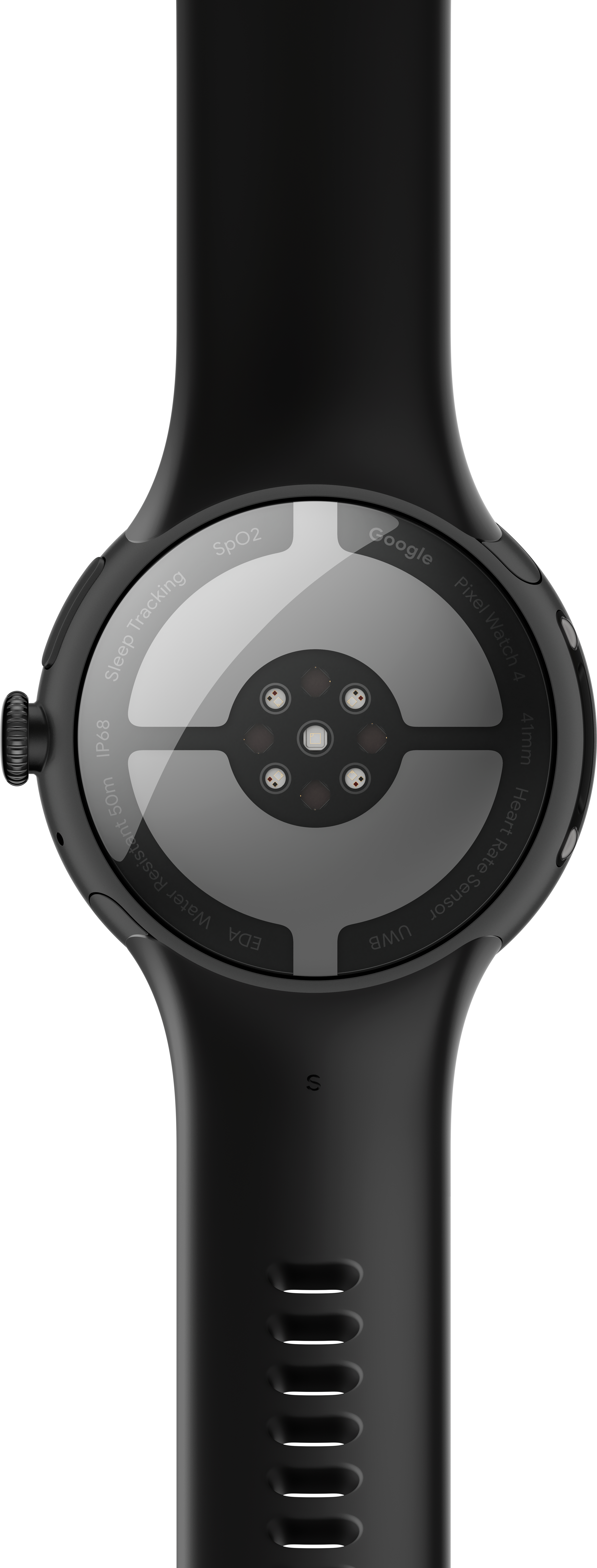 La Google Pixel Watch 4 noire, avec suivi du sommeil, SpO2 et capteur de fréquence cardiaque. Caractéristiques : 41 mm, EDA, UWB et résistance à l'eau.