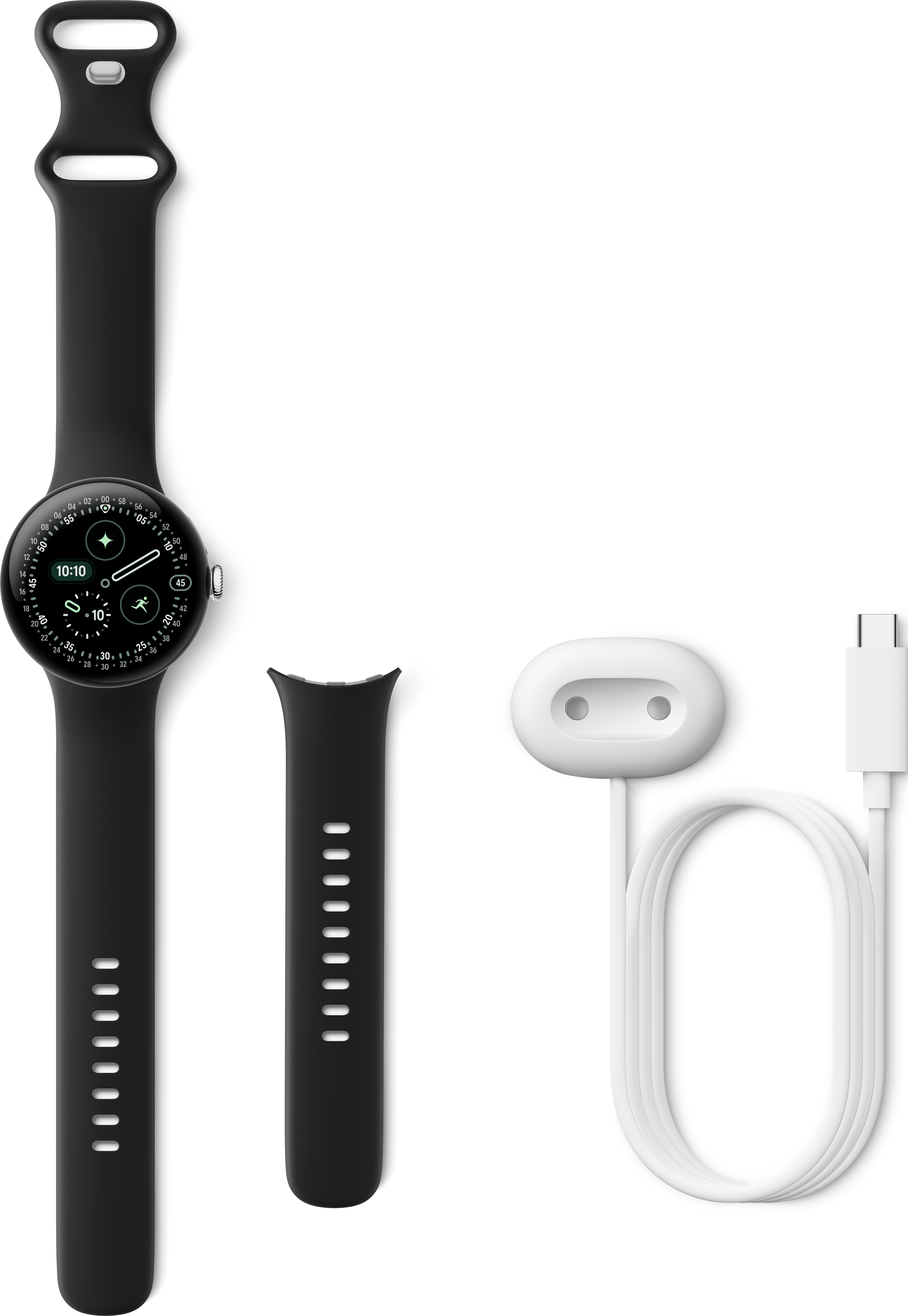 Montre connectée noire avec bracelet, bracelet supplémentaire et chargeur blanc avec câble, sur fond blanc.