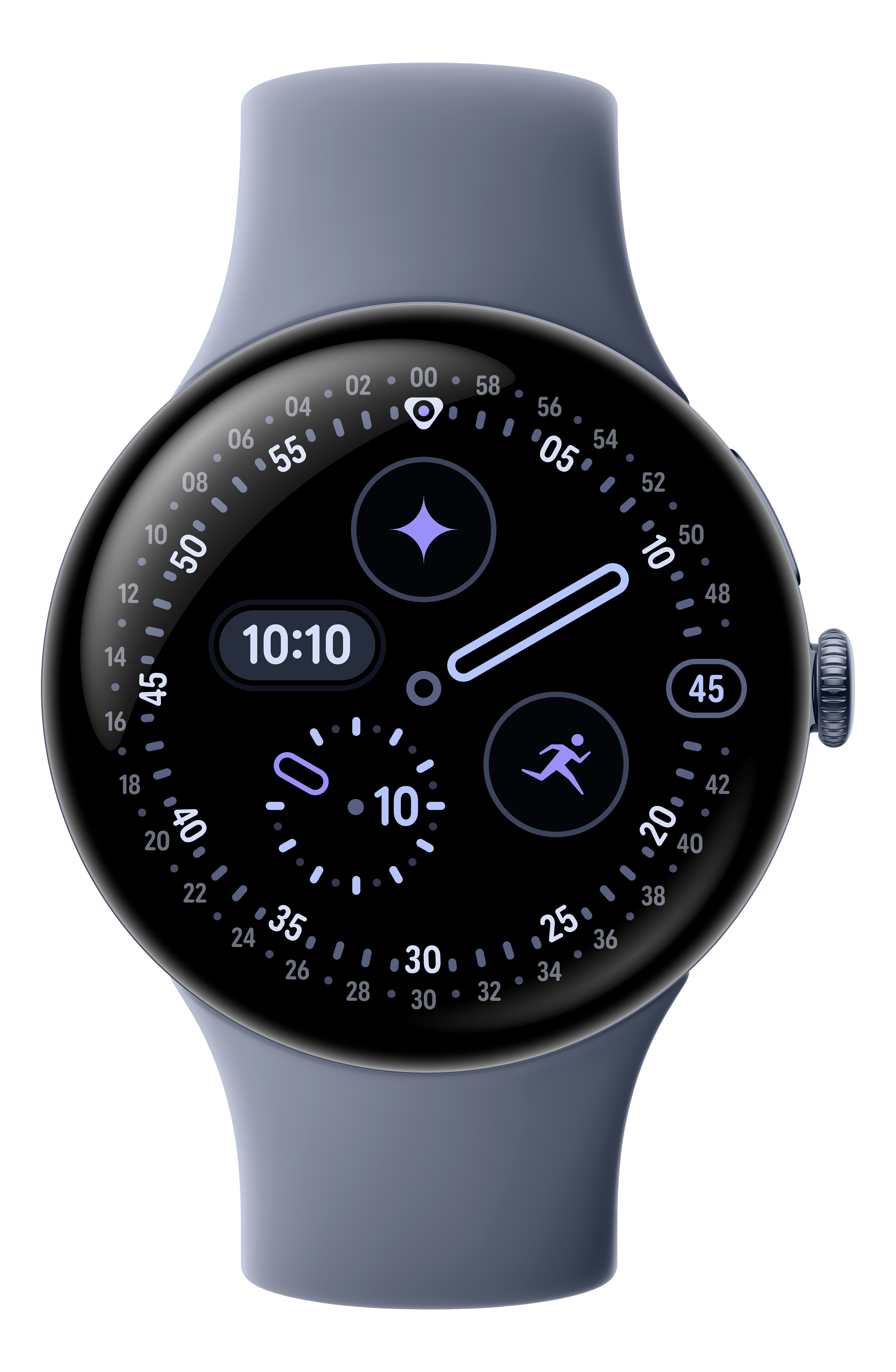 Uno smartwatch con display nero che mostra ora, passi e altri dati. L'orologio ha un cinturino blu-grigio.