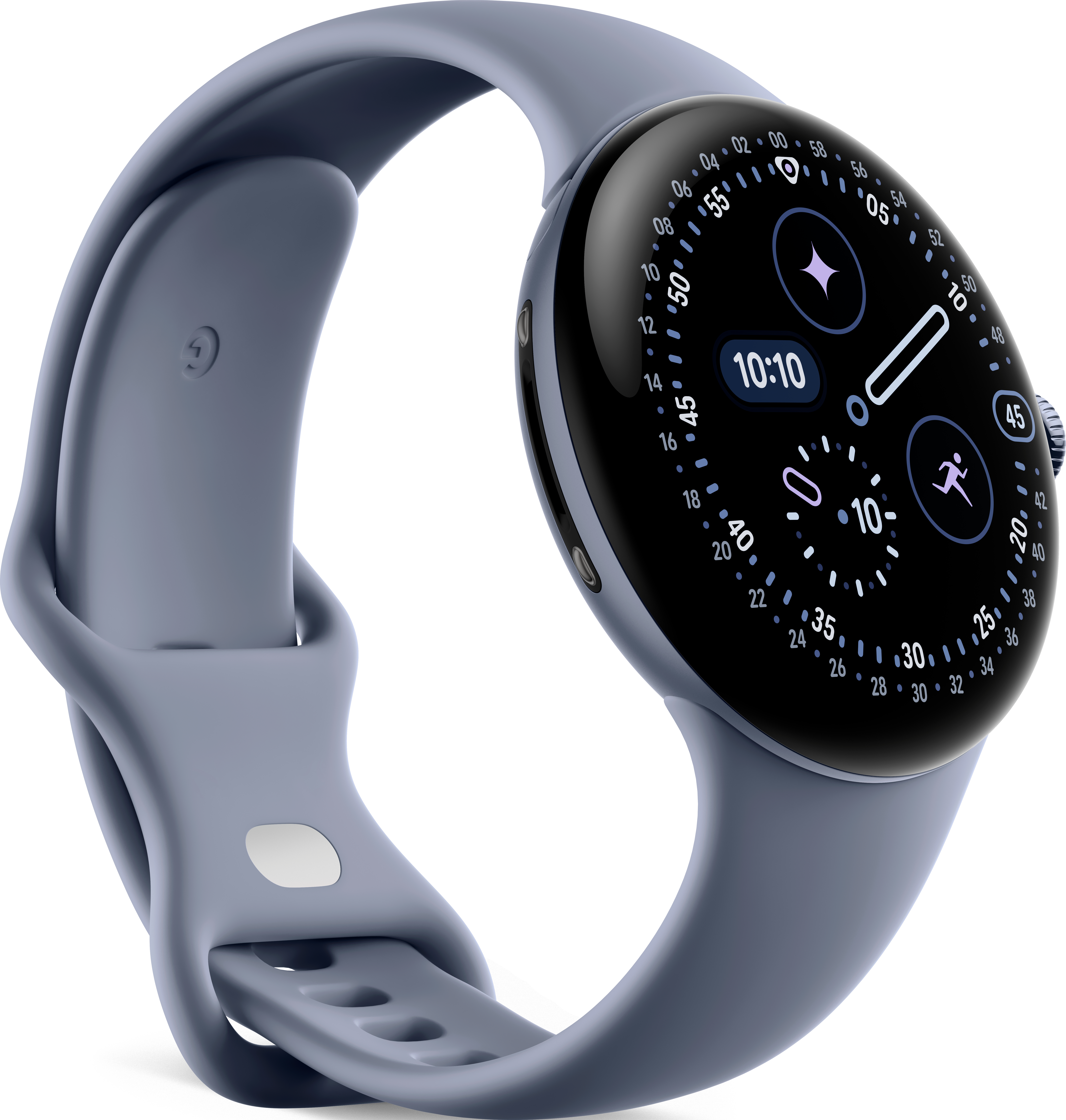 Uno smartwatch blu mostra le 10:10. Ha un quadrante rotondo e un cinturino blu. Le icone includono una stella e un corridore.