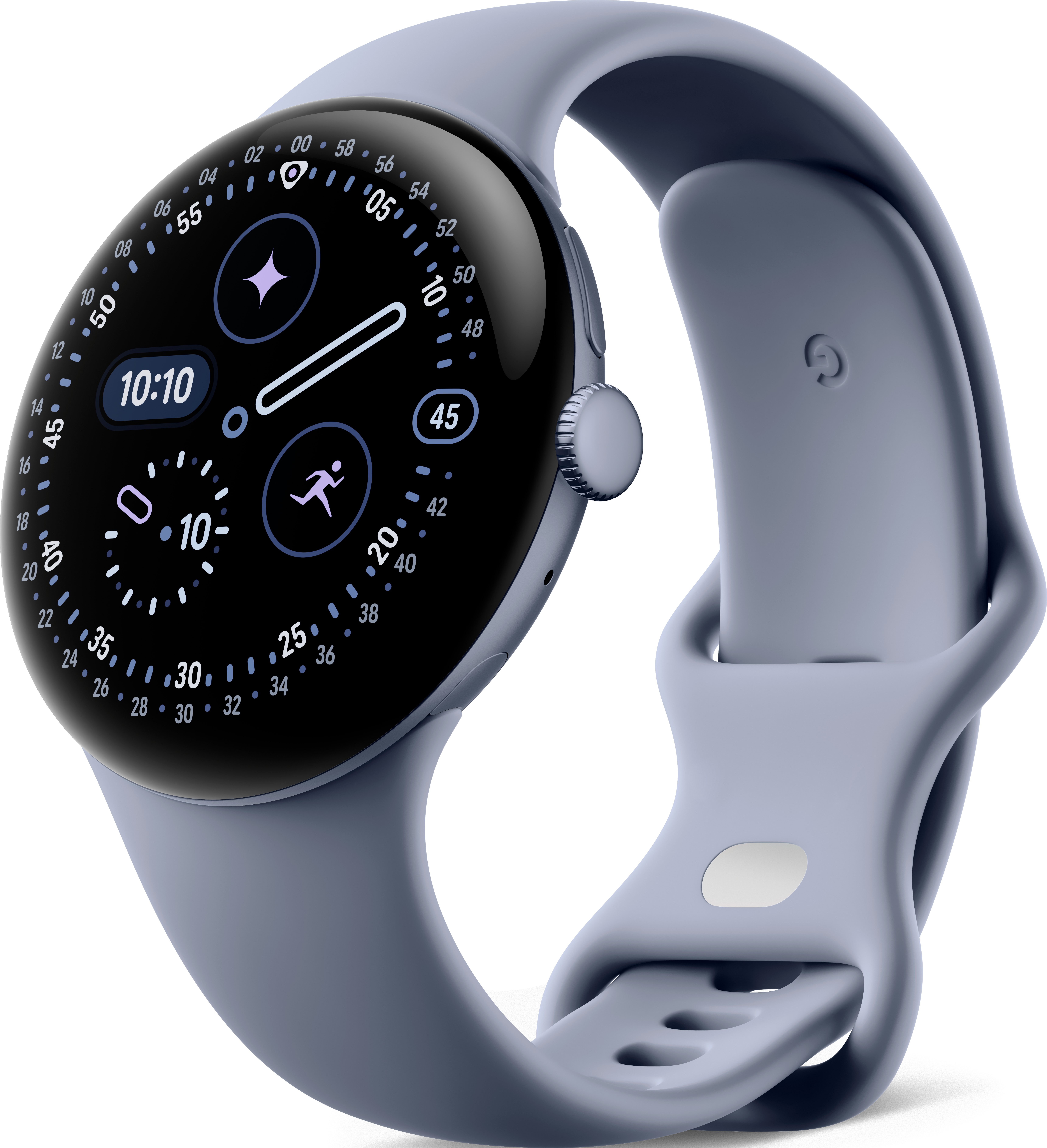 Primo piano di uno smartwatch blu con display nero che mostra l'ora e icone fitness, e cinturino blu.