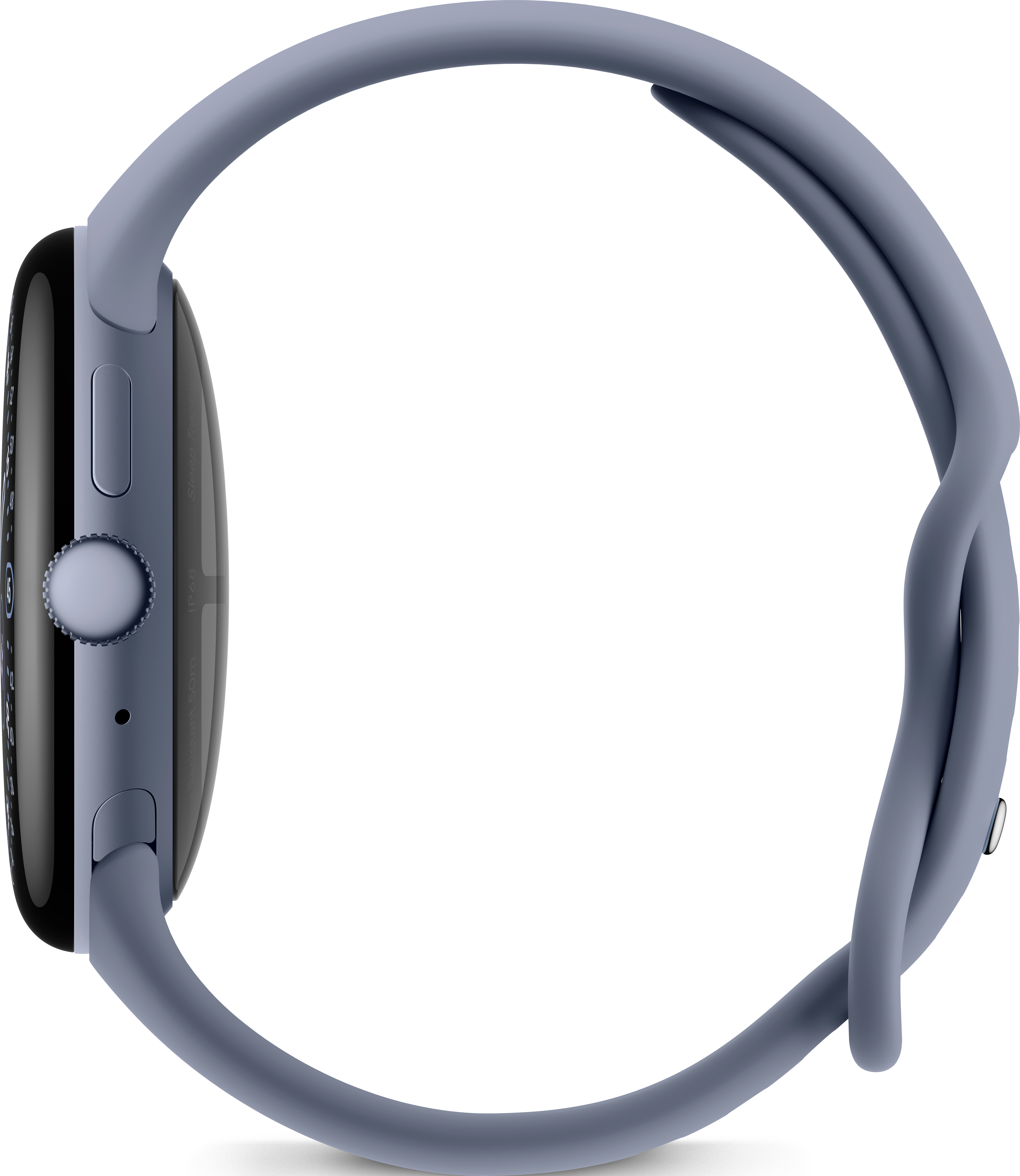 Vista laterale di uno smartwatch blu con cinturino abbinato. Il quadrante è nero.