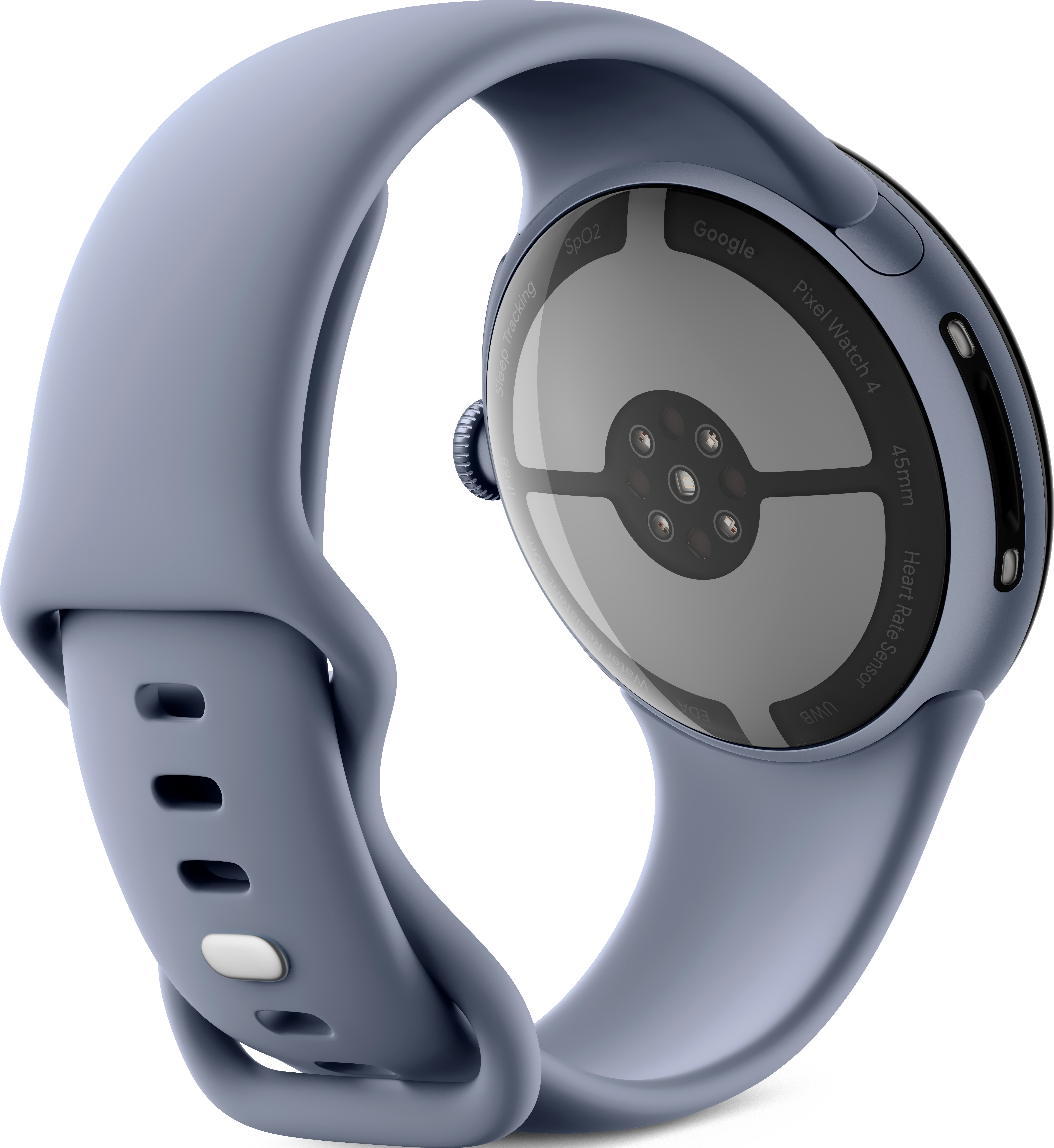 Un primo piano di un Google Pixel Watch 4 blu. L'orologio è su sfondo bianco, mostrando il cinturino e il quadrante.