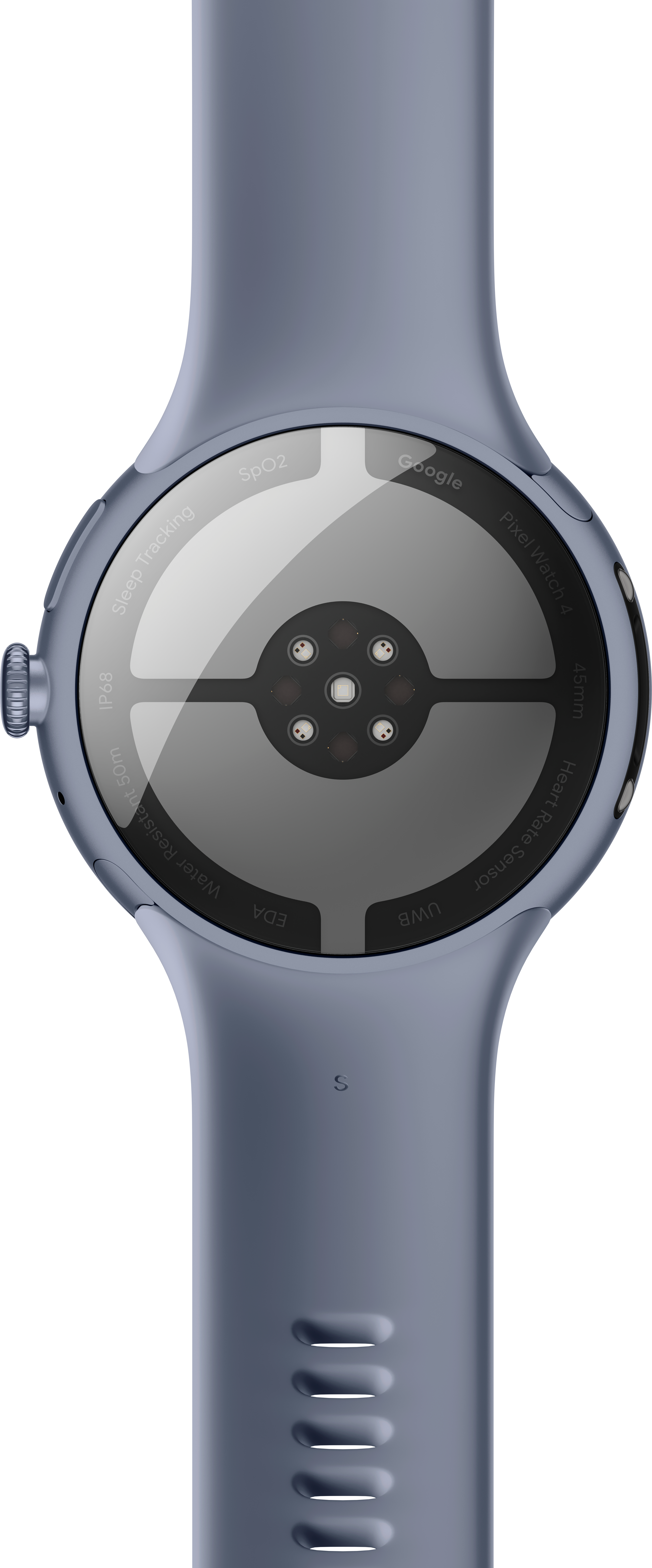 Un Google Pixel Watch 4 blu. Ha un quadrante rotondo con sensori ed etichette come 'Heart Rate Sensor' e 'Sleep Tracking'.