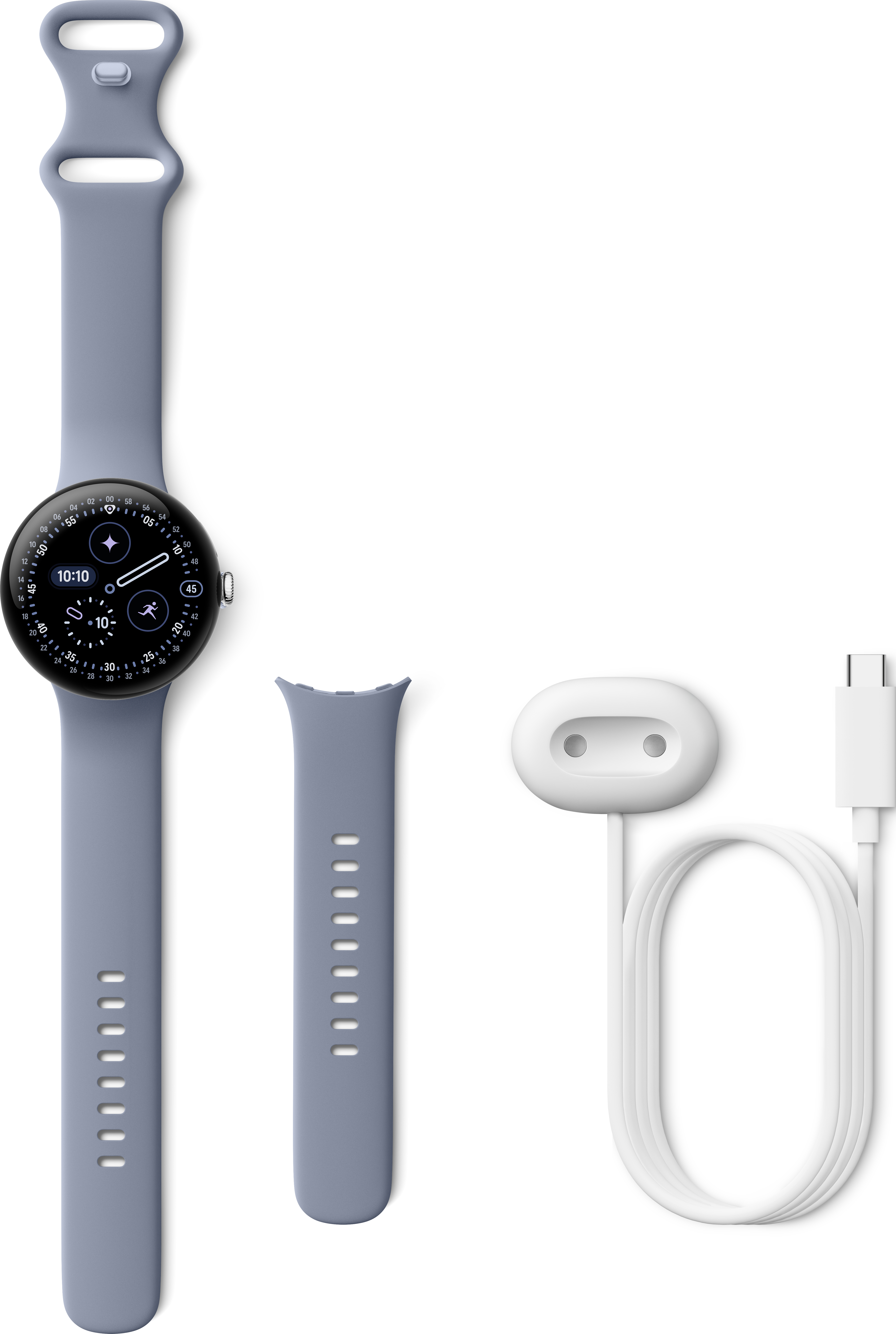 Uno smartwatch, due cinturini e un caricabatterie su una superficie bianca. L'orologio segna 10:10.