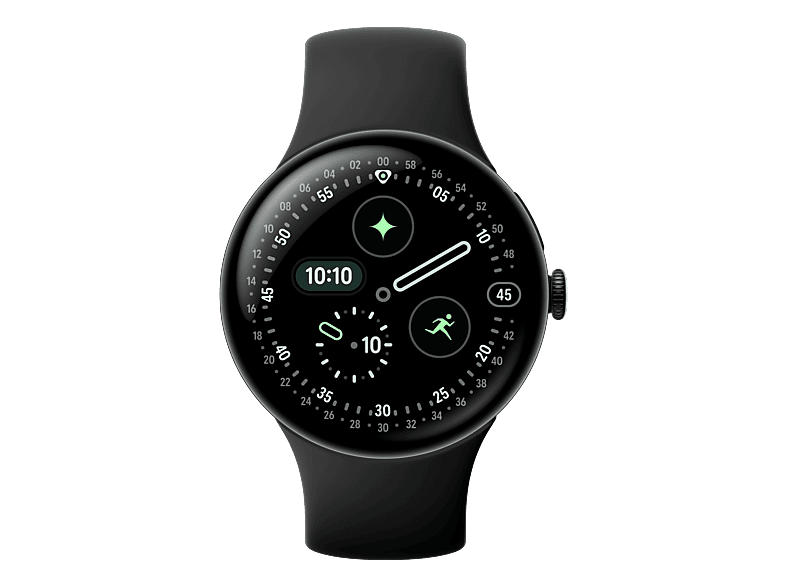 GOOGLE Pixel Watch 4 (45 mm) Smartwatch 100 % recyceltes Aluminium Fluorelastomer mit Soft-Touch-Beschichtung, Klein: 150 - 185 mm, Gross: 165 215 Matte Black/Obsidian