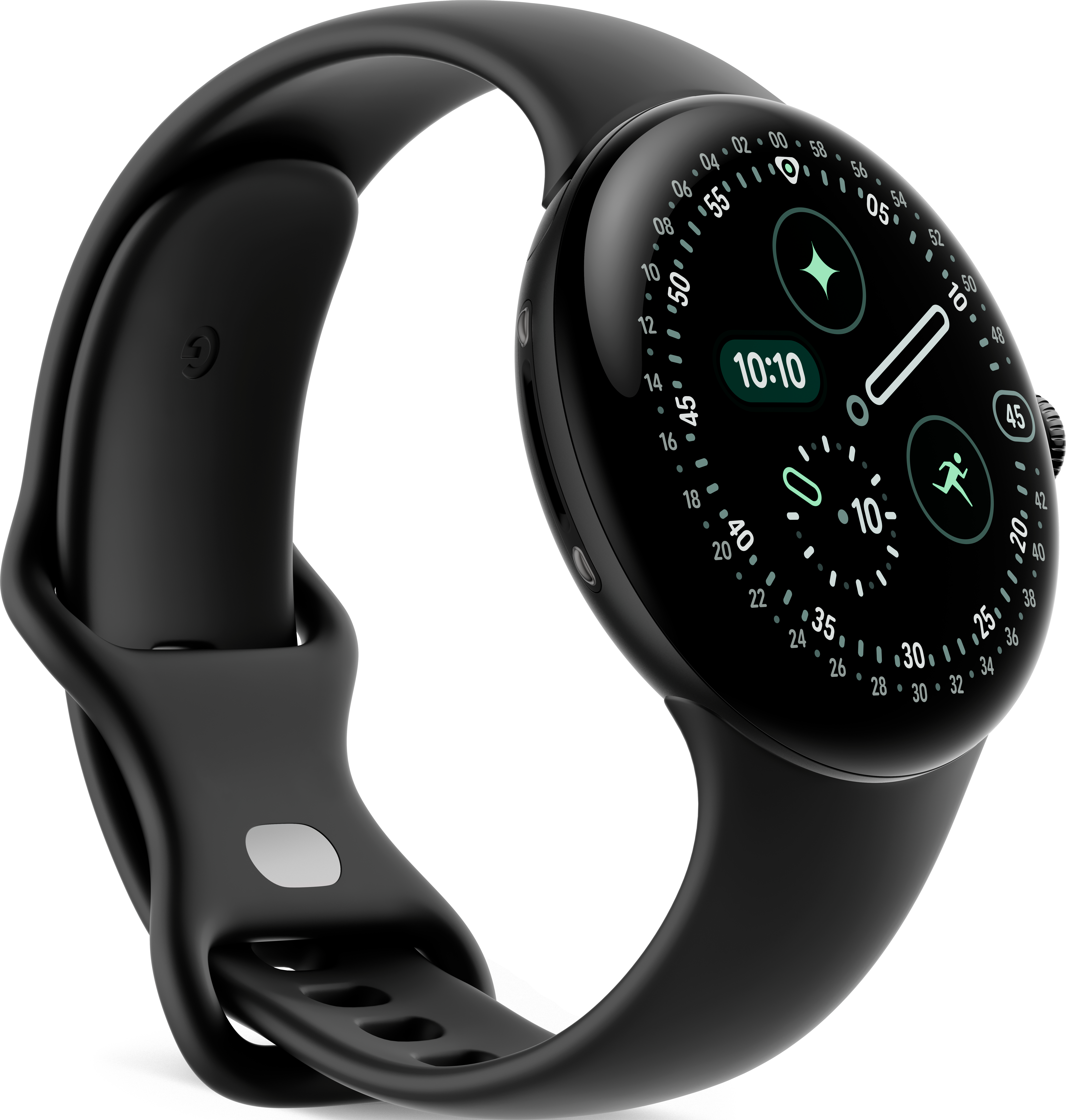 Uno smartwatch nero mostra l'ora 10:10. Ha uno schermo rotondo con un cinturino nero. Il quadrante mostra varie icone.