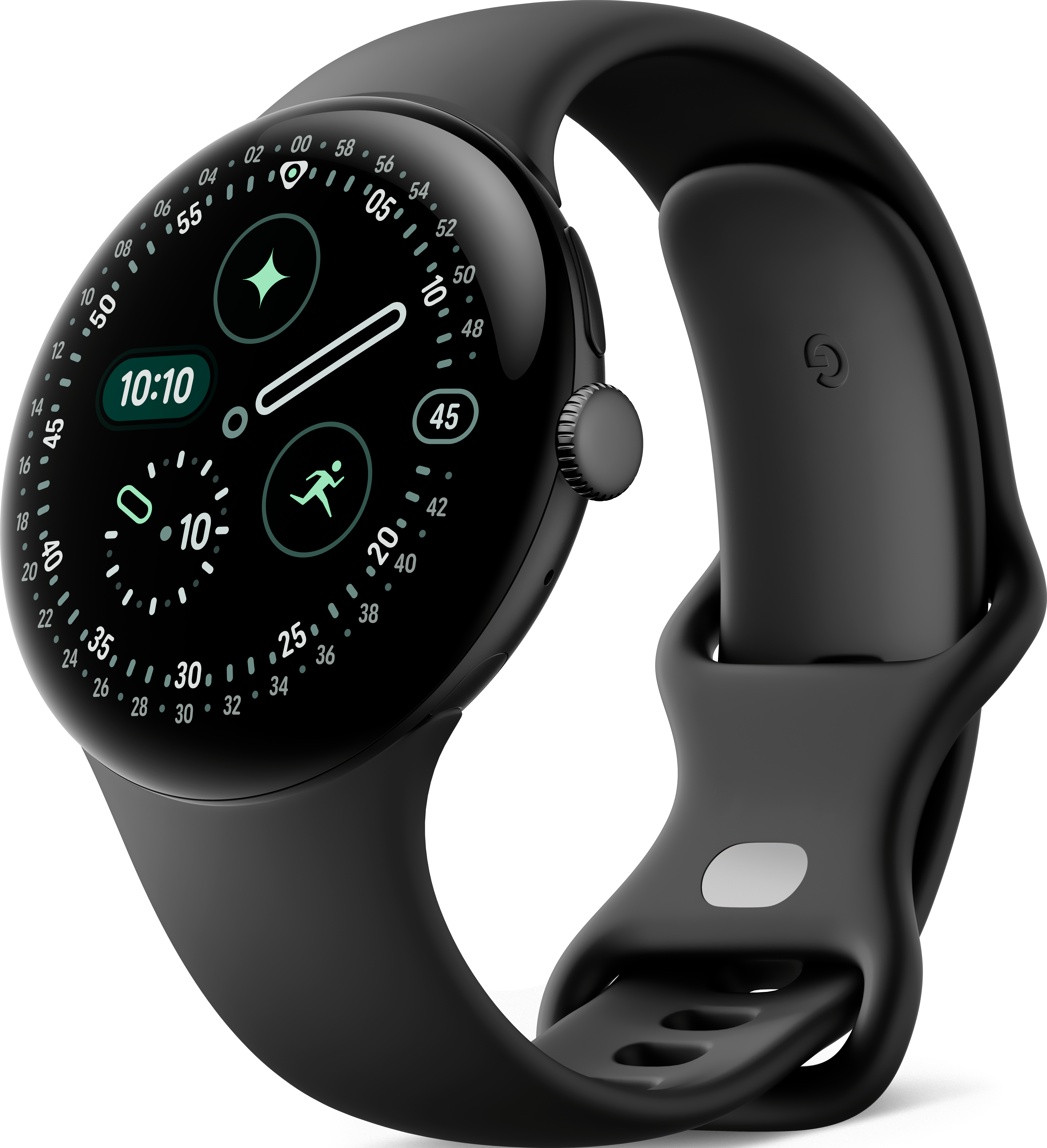 Smartwatch nero con quadrante rotondo che mostra le 10:10. Ha un cinturino nero e un pulsante laterale.