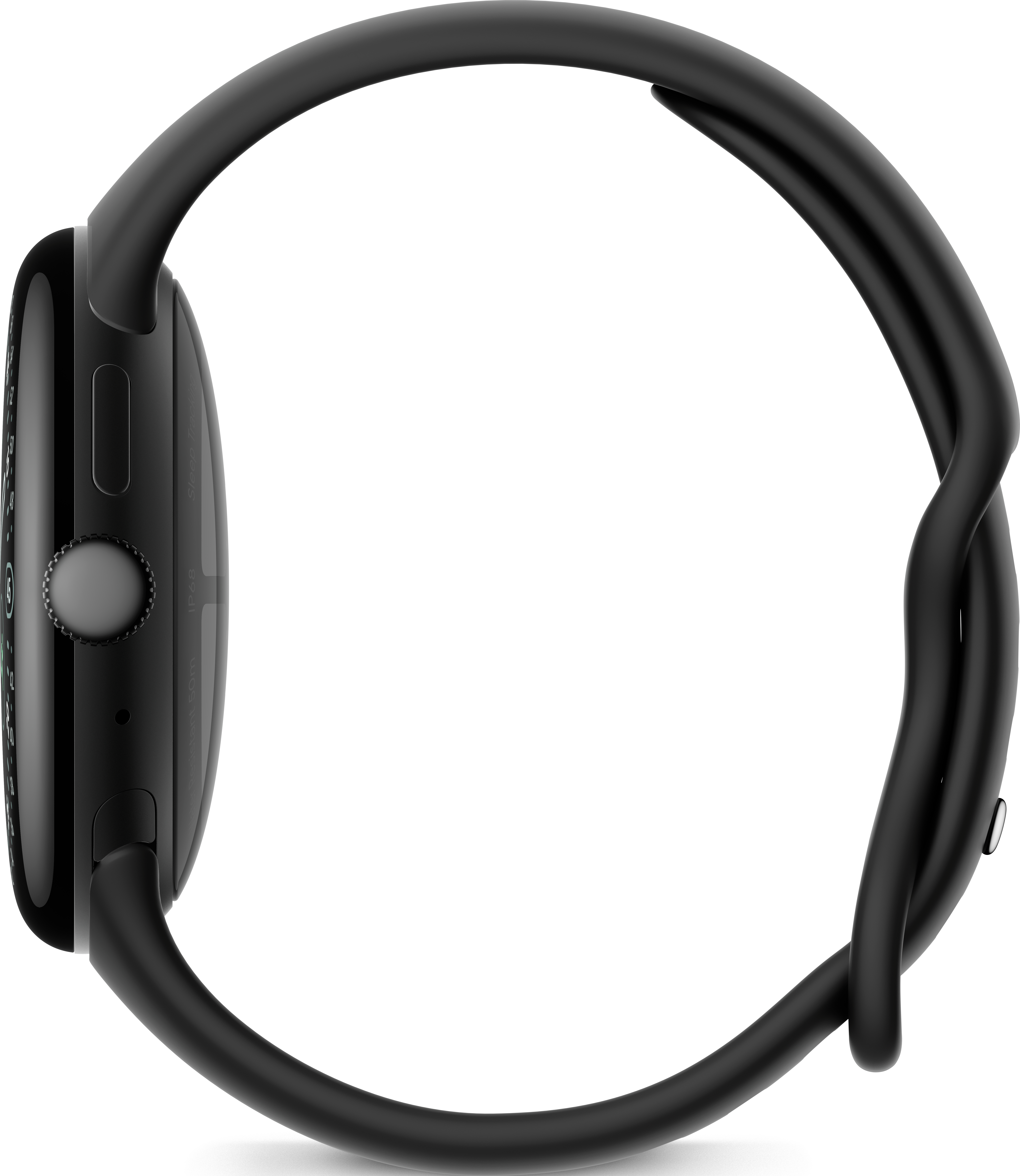 Smartwatch nero con cinturino nero, vista laterale. Il quadrante è visibile con un pulsante laterale. Sfondo bianco.