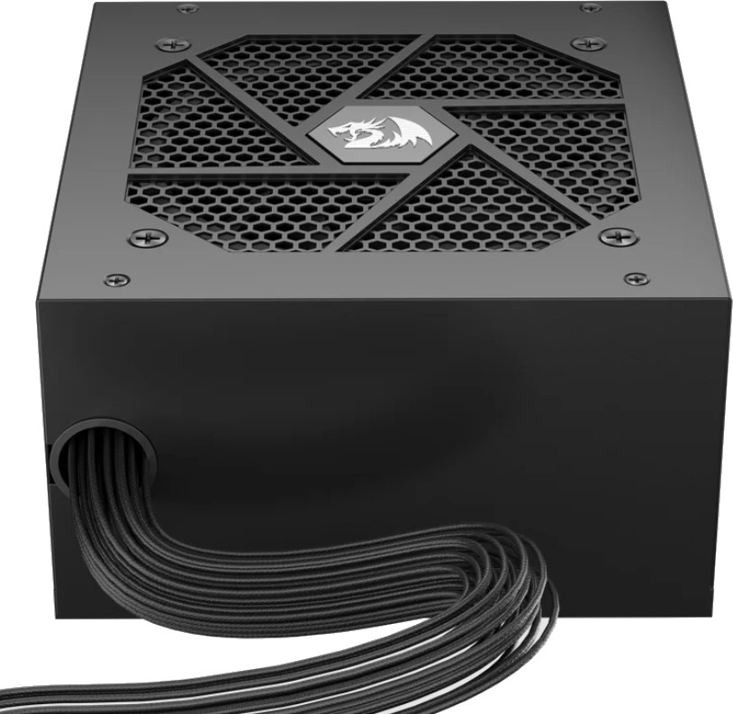 Czarny zasilacz komputerowy z siatkowym wierzchem, logo i wiązką czarnych kabli wychodzących z boku.