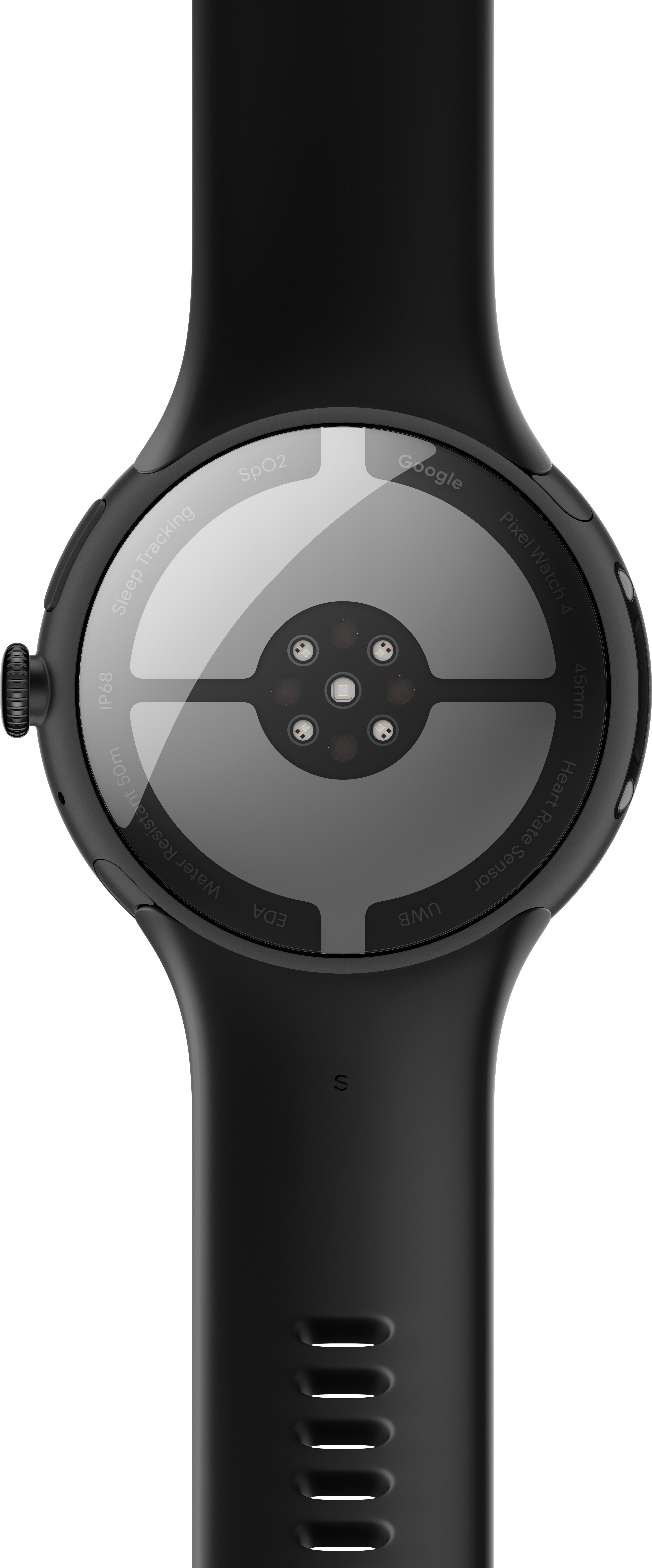 Retro nero di Pixel Watch 4. Caratteristiche: sensore frequenza cardiaca, SpO2 e monitoraggio del sonno. Ha un cinturino nero.
