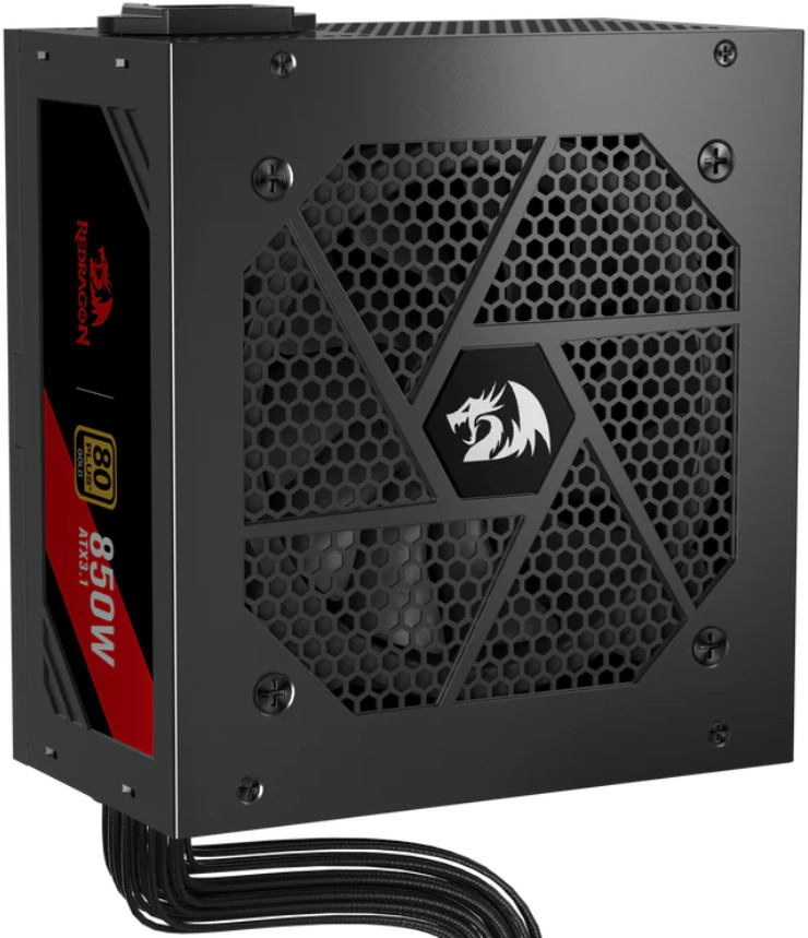 Czarny zasilacz Redragon 850W. Ma siatkowy przód, czerwono-czarny bok i czarne kable.