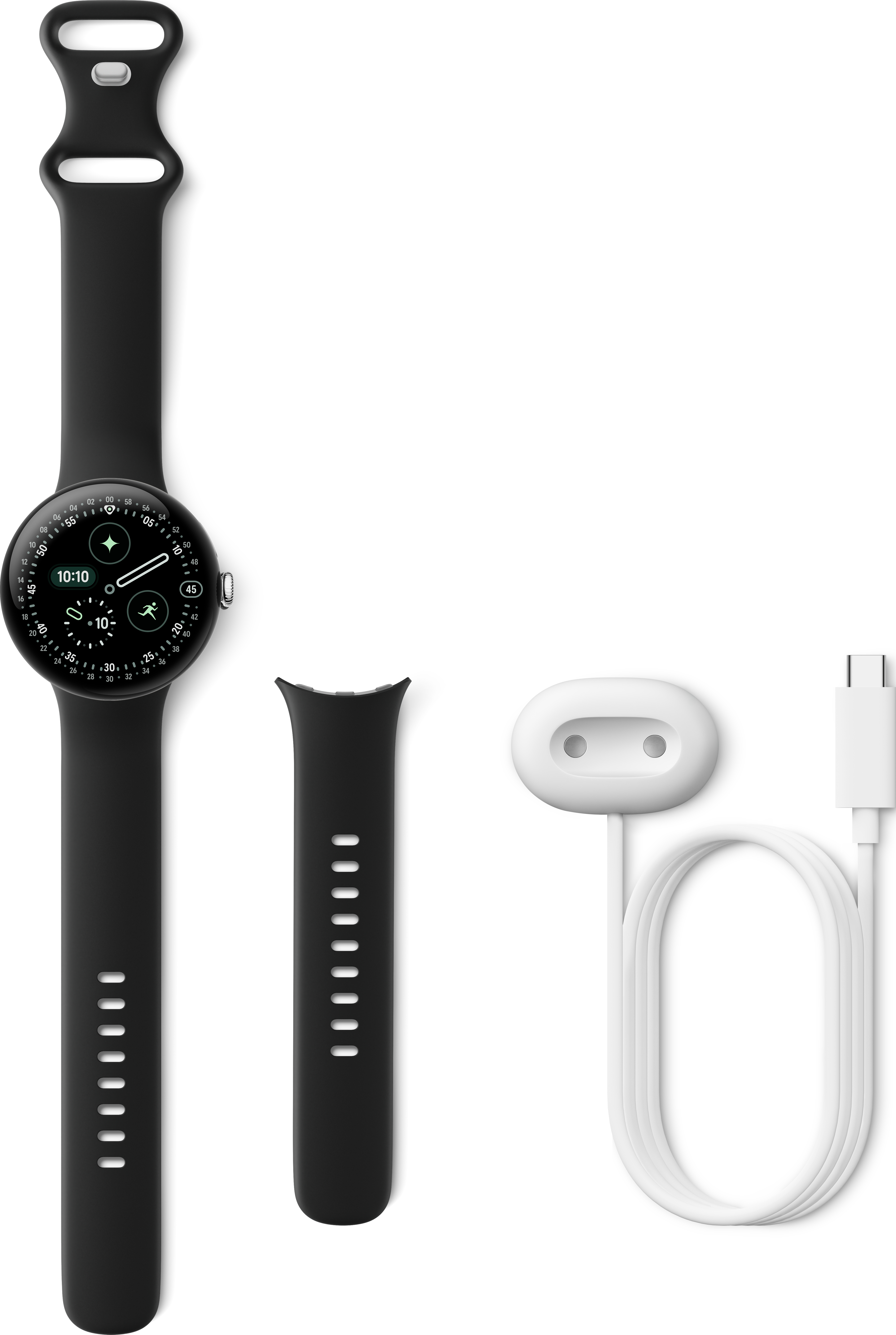 Smartwatch nera con cinturino, cavo di ricarica e disco di ricarica bianco su sfondo bianco.
