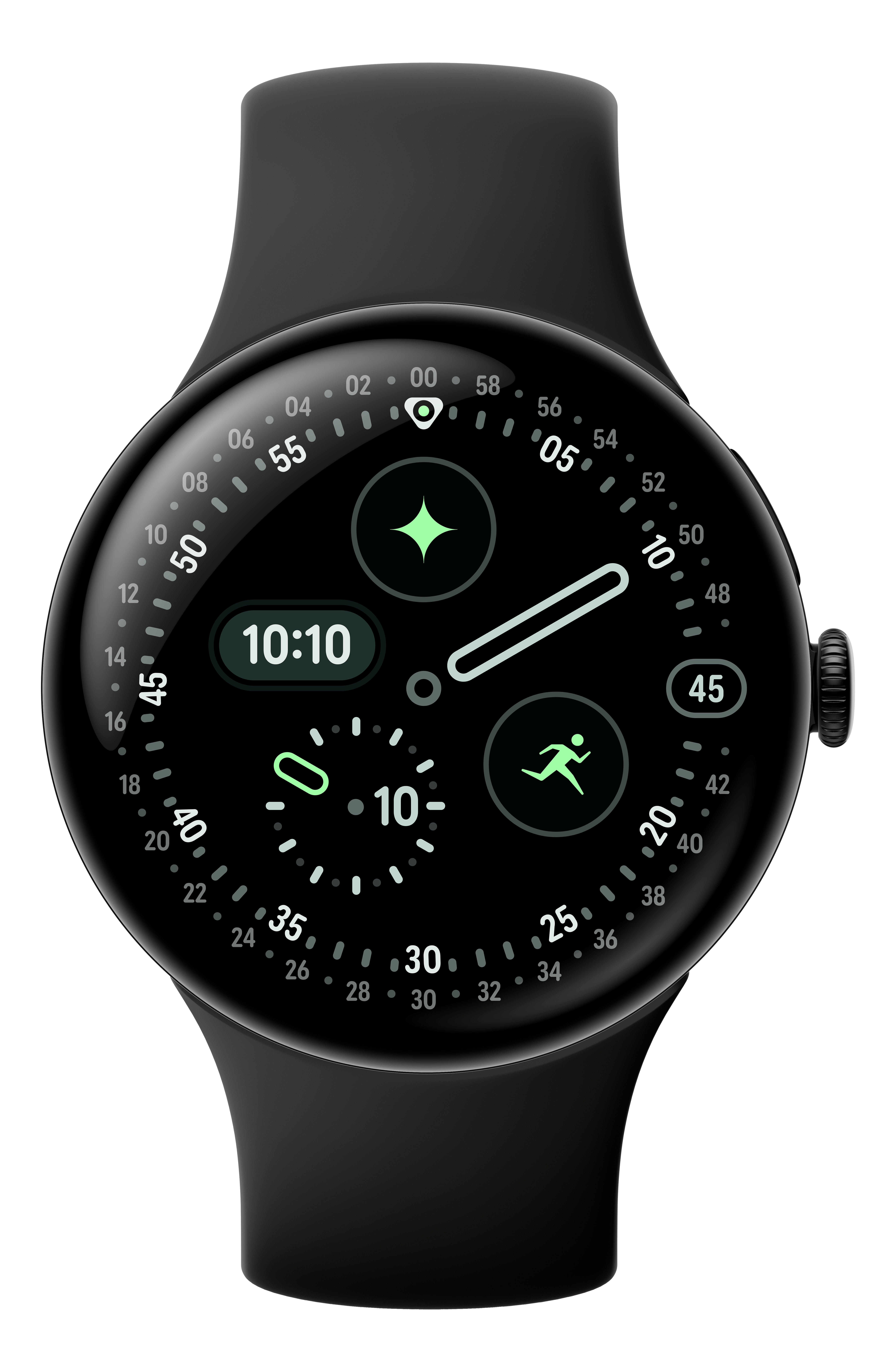 Uno smartwatch nero mostra l'ora 10:10. Ha un display digitale e una ghiera girevole con numeri.