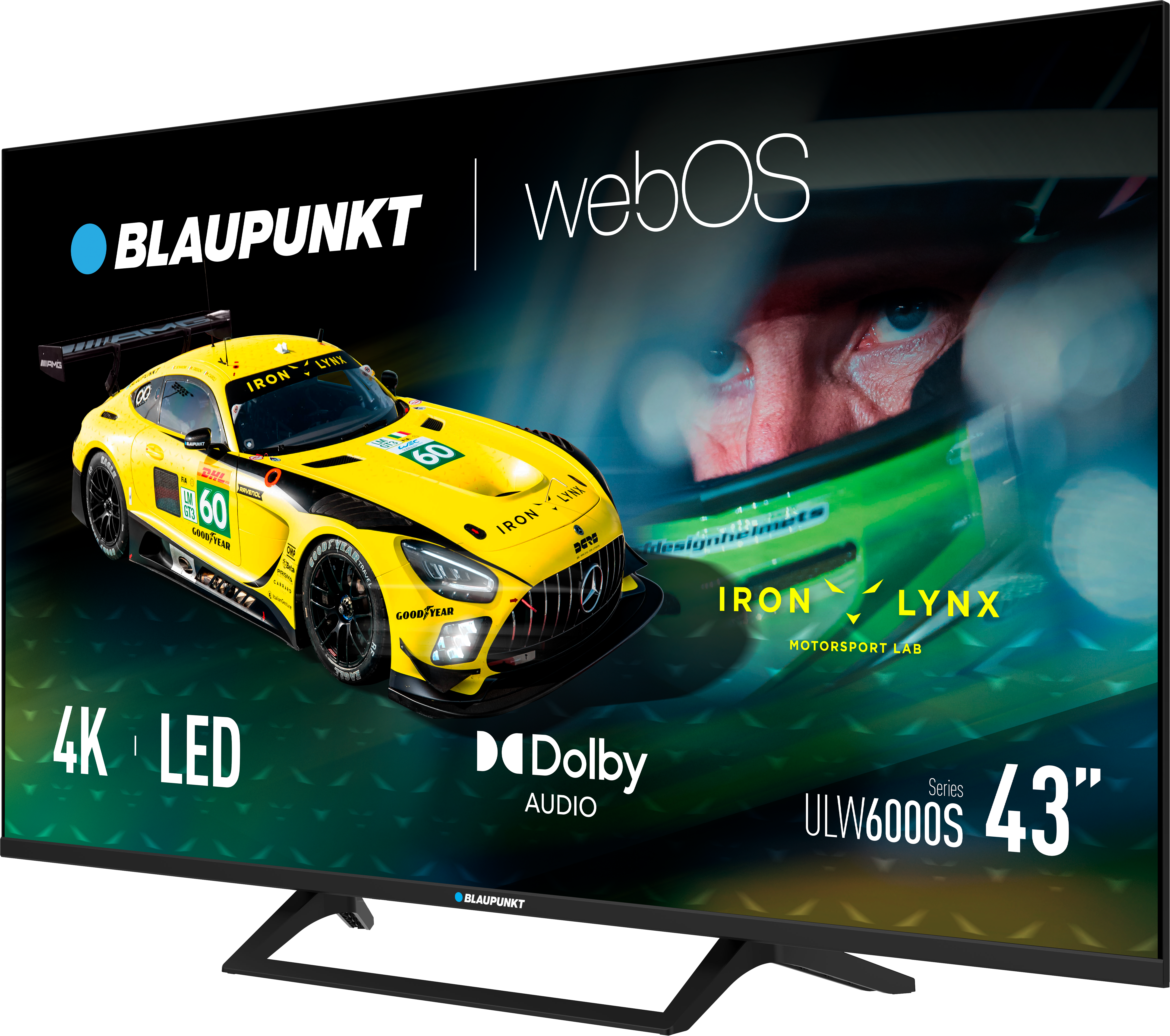 Telewizor Blaupunkt wyświetla żółty samochód wyścigowy i twarz kierowcy, z tekstem o funkcjach i marce telewizora.