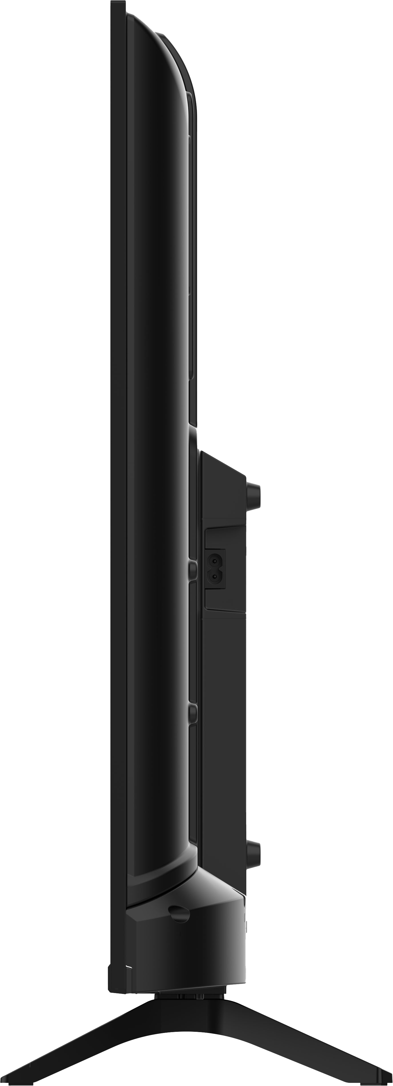 Widok z boku czarnego telewizora. Telewizor ma zakrzywiony ekran i podstawę. Tło jest czarne.