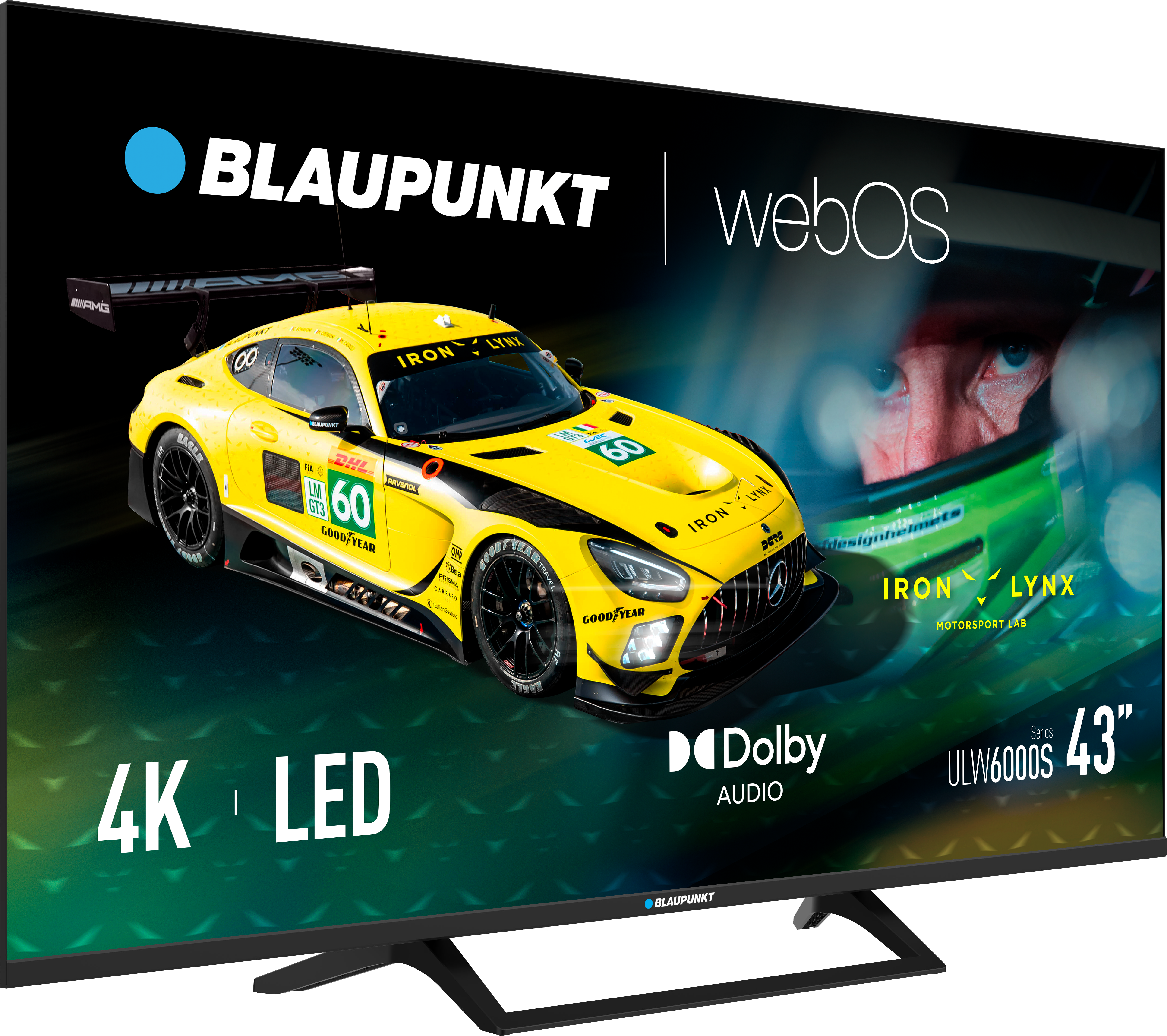 Telewizor Blaupunkt wyświetla żółty samochód wyścigowy z logo. Posiada 4K LED, Dolby Audio i WebOS. Ekran ma 43 cale.