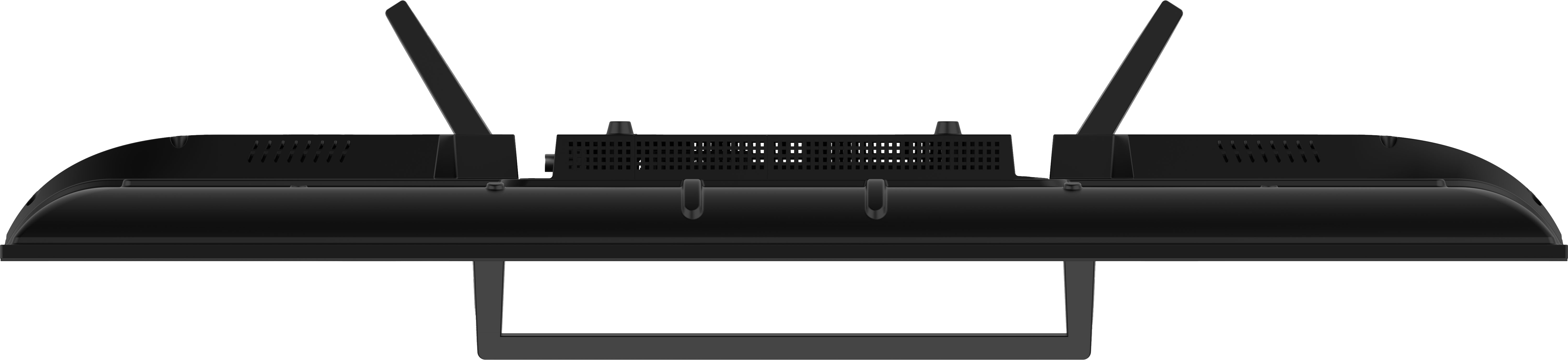 Czarne urządzenie z dwiema antenami na górze. Ma płaski, prostokątny korpus ze stojakiem. Tło jest czarne.
