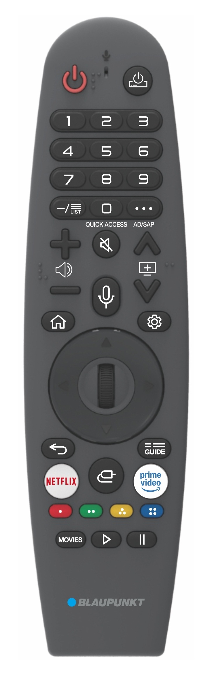 Szary pilot do telewizora Blaupunkt. Ma wiele przycisków z numerami, symbolami i logo serwisów streamingowych.
