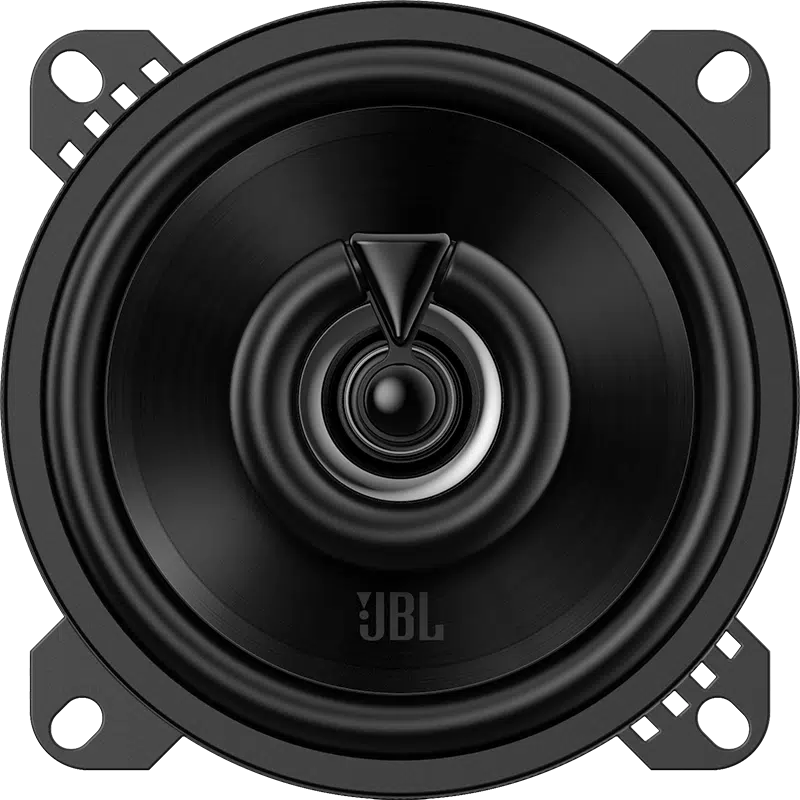 Egy fekete JBL hangszóró, kör alakú rögzítőfülekkel, fekete háttérrel. A JBL logó látható.