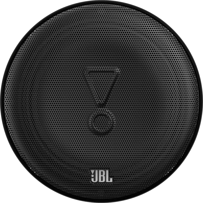 Egy fekete JBL hangszóró perforált felülettel. A JBL logója alul található. Egy háromszögből és egy körből álló szimbólum van középen.