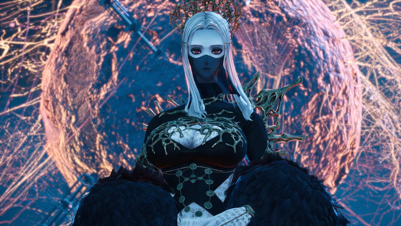 Kobieta z białymi włosami i czerwonymi oczami, w czarnej sukni i koronie, siedzi przed świecącym tłem przypominającym planetę.