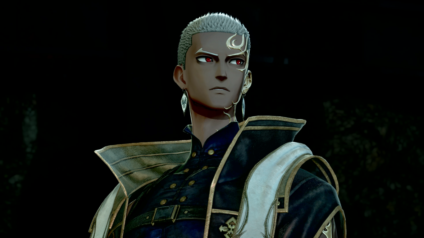 Mężczyzna z białymi włosami, czerwonymi oczami i ciemną skórą. Nosi czarno-białą, zdobioną kurtkę i ma złote zdobienia na twarzy.