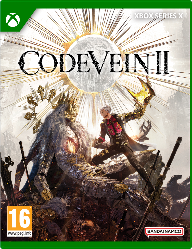 Okładka gry Code Vein II. Mężczyzna walczy z potworem na okładce. Tło ma złotą aureolę z księżycem. Logo Xbox Series X.