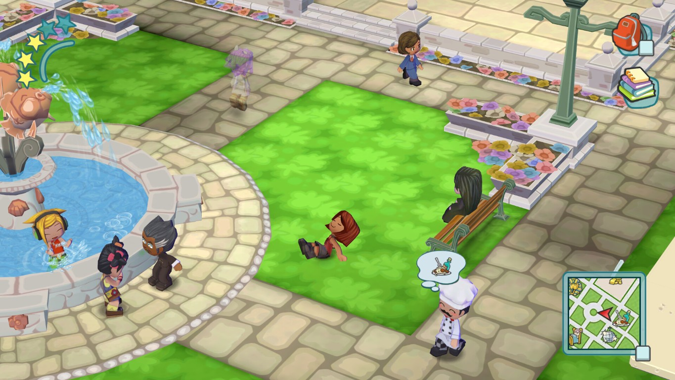 Scena w parku z fontanną i ludźmi. Szef kuchni myśli o jedzeniu. Inni są blisko ławki. Mapa jest w rogu.