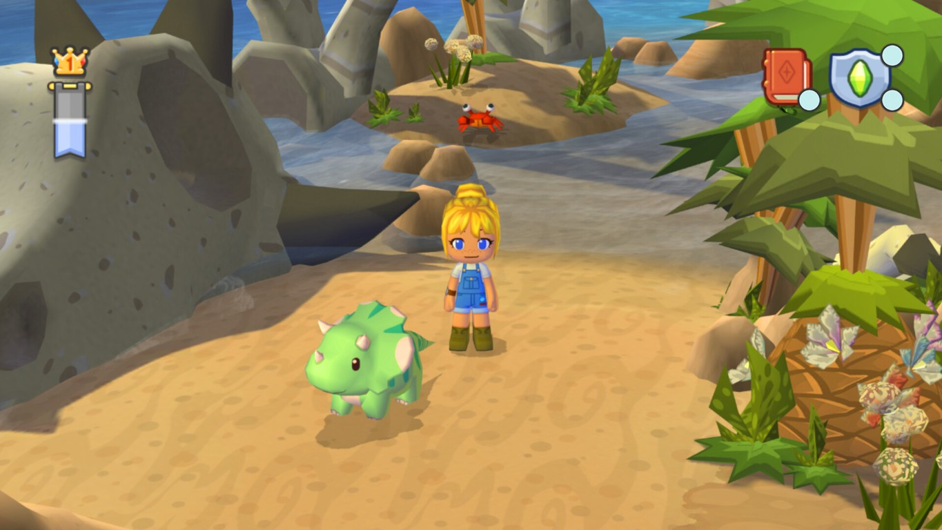 Dziewczyna stoi z zielonym dinozaurem na plaży. Czerwony krab siedzi na wyspie w tle. Po prawej stronie palmy.