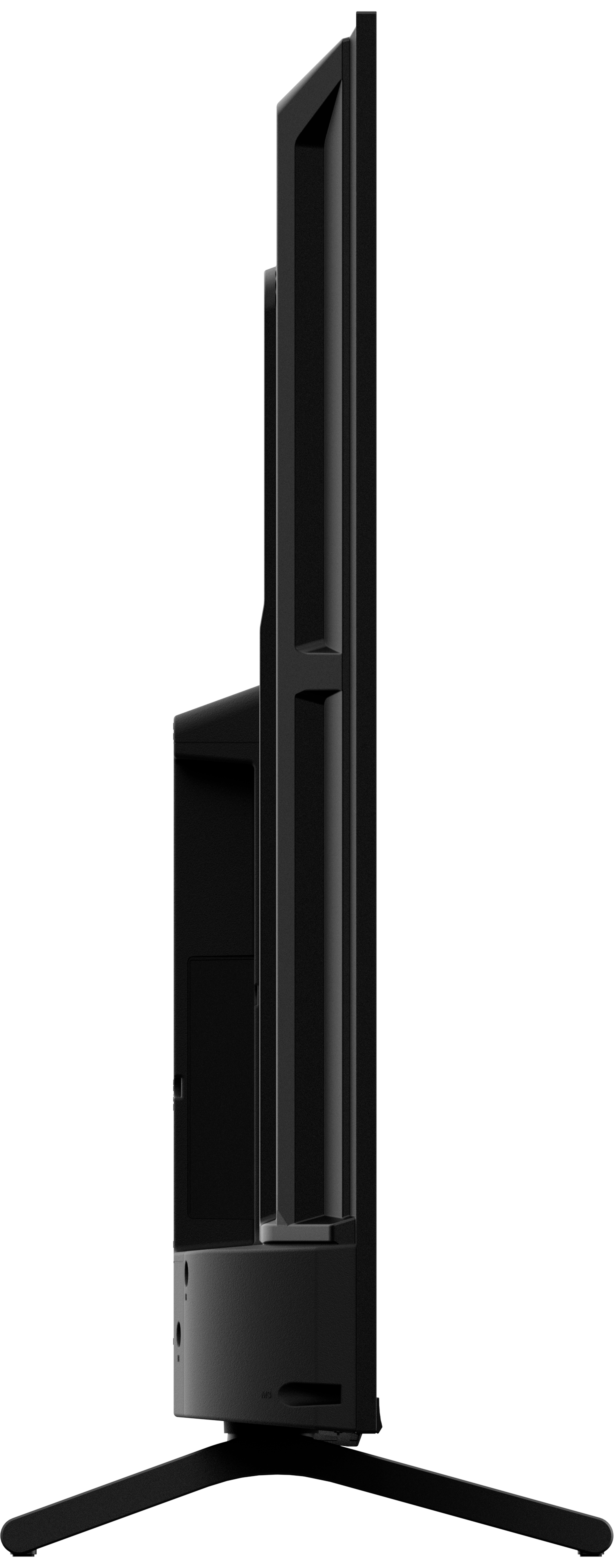 Widok z boku czarnego telewizora. Ekran jest cienki, wspierany przez podstawę. Tło jest czarne.