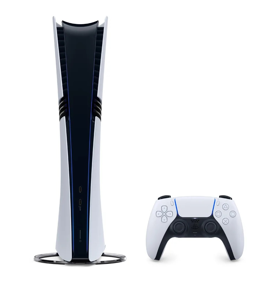 Biało-czarna konsola i kontroler PlayStation 5 na białym tle. Konsola stoi pionowo, kontroler po prawej stronie.