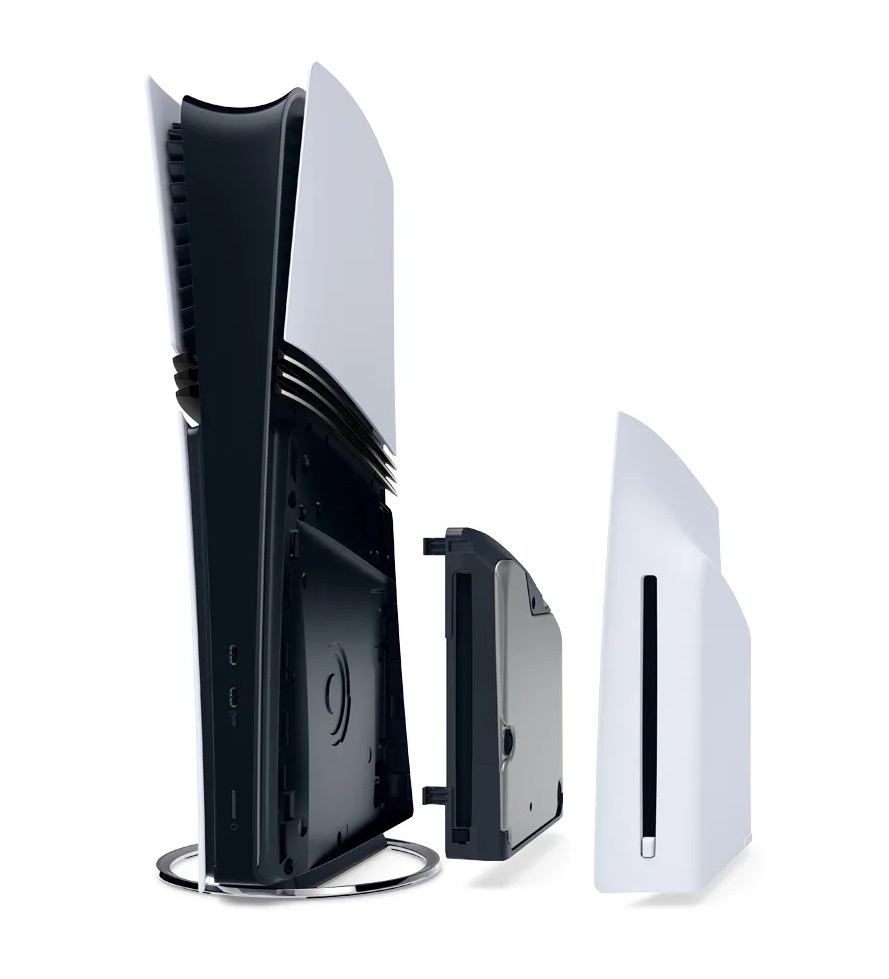 Zdemontowana konsola PlayStation 5. Konsola jest w kolorze białym i czarnym, z odłączonym rozszerzeniem pamięci.