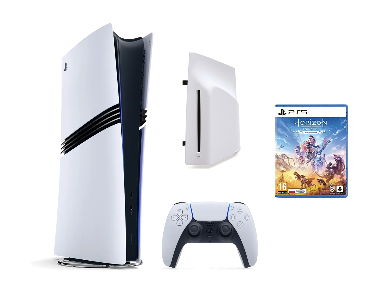 Wyświetlana jest konsola PS5, kontroler i pudełko z grą. Konsola jest biało-czarna, kontroler biały, a pudełko z grą ma grafikę.