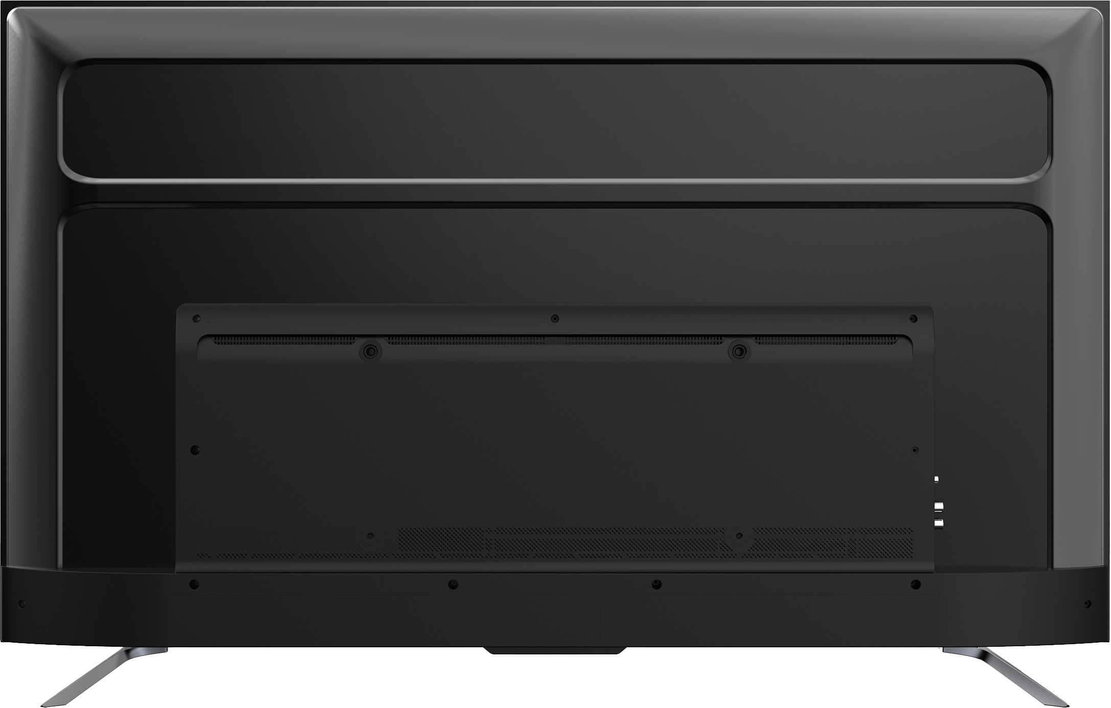 Widoczny jest tył czarnego telewizora z płaskim ekranem. Widoczne są różne panele i otwory wentylacyjne. Dwie srebrne nóżki podtrzymują telewizor.