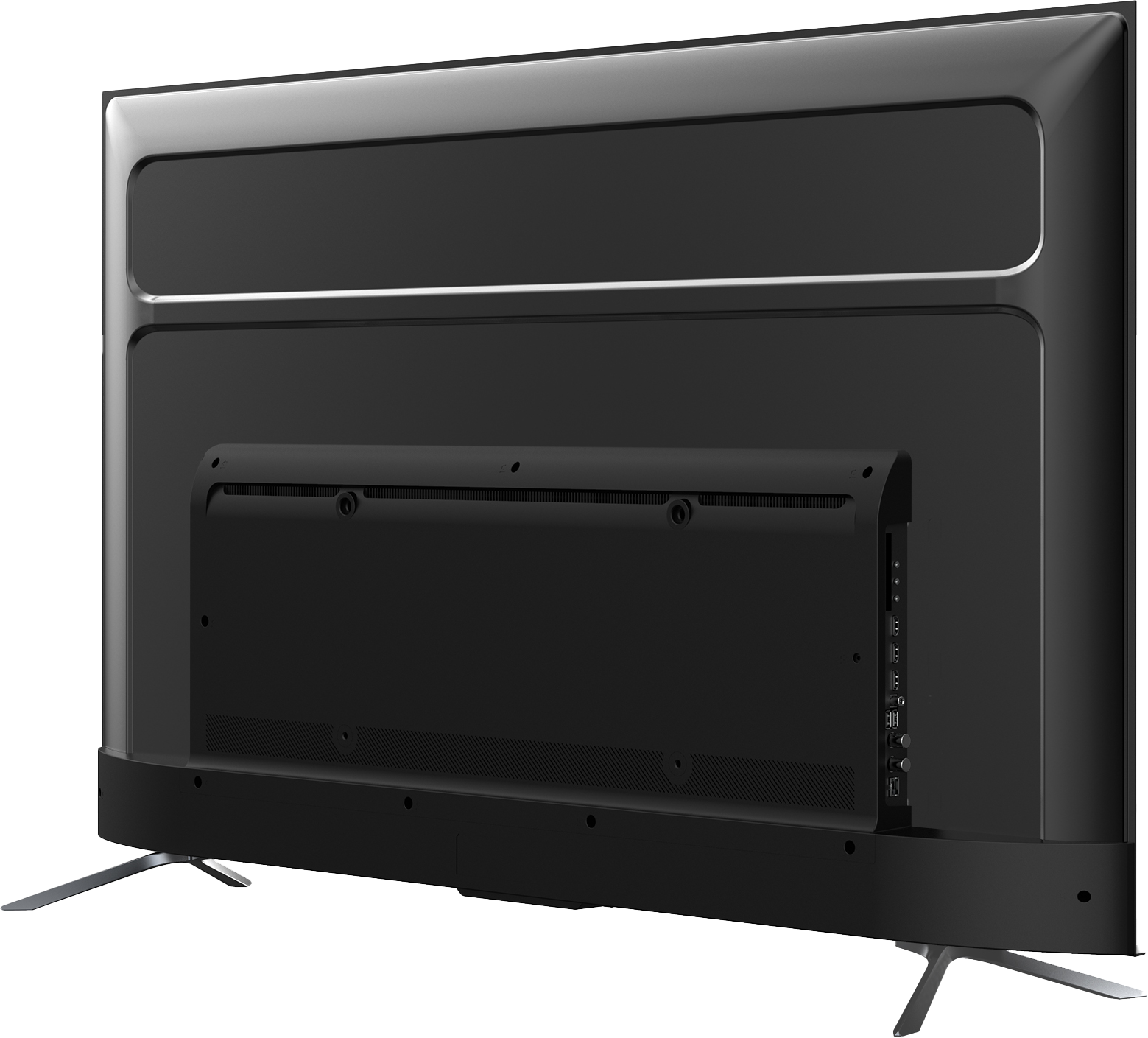 Tył czarnego telewizora ze srebrnymi nogami. Ma błyszczącą ramę i centralny panel z portami.