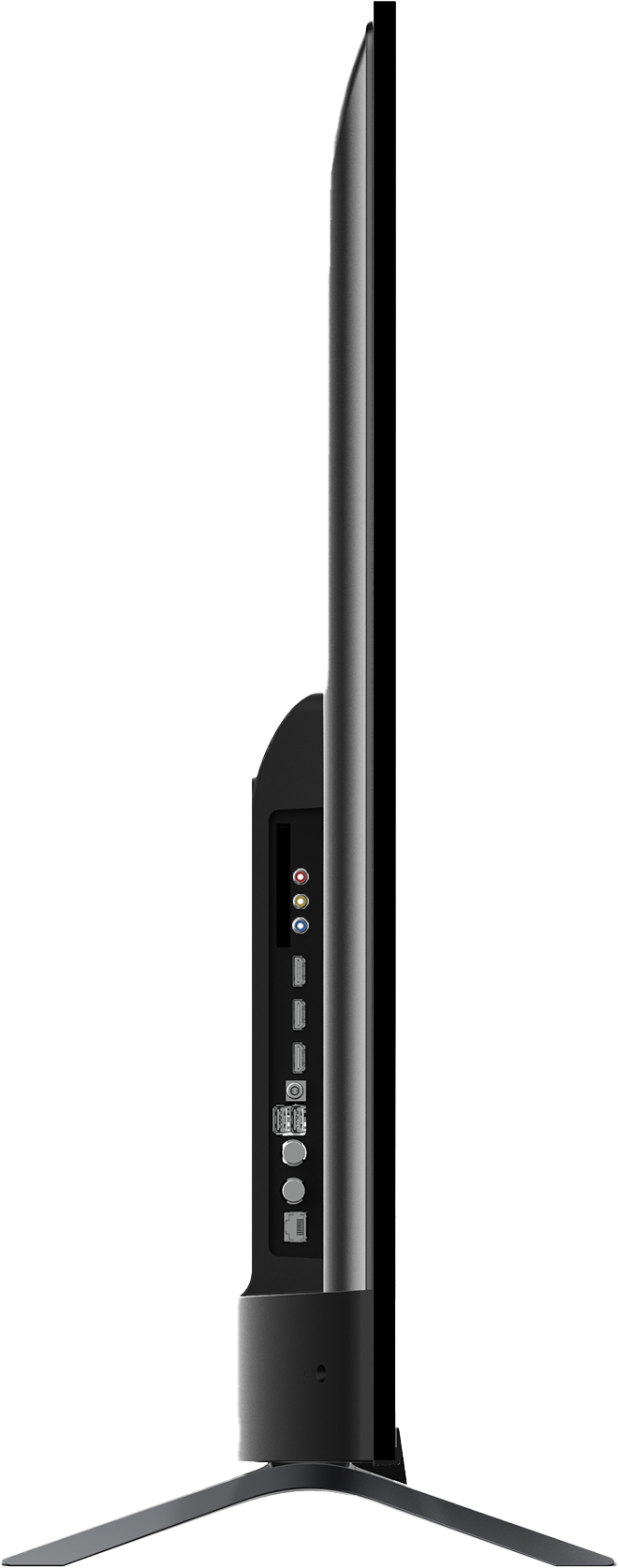 Widok z boku czarnego telewizora. Widoczne są porty, stojak i cienka ramka. Ekran jest czarny. Białe tło.