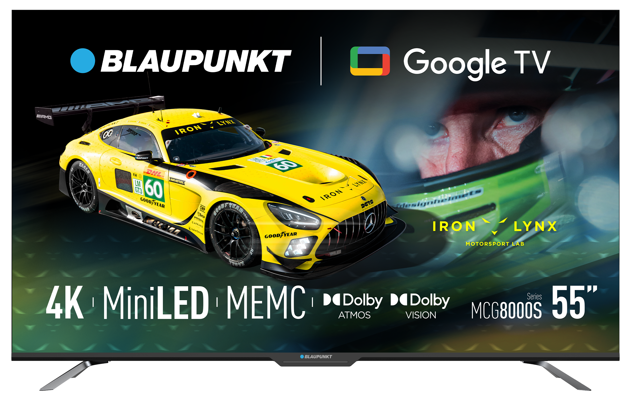 Ekran telewizora wyświetla żółty samochód wyścigowy i twarz kierowcy, z logo Blaupunkt i Google TV.