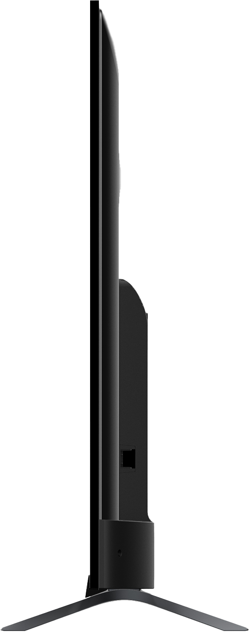 Widok z boku czarnego telewizora. Ekran jest cienki. Ma podstawę z dwiema nogami. Tło jest białe.